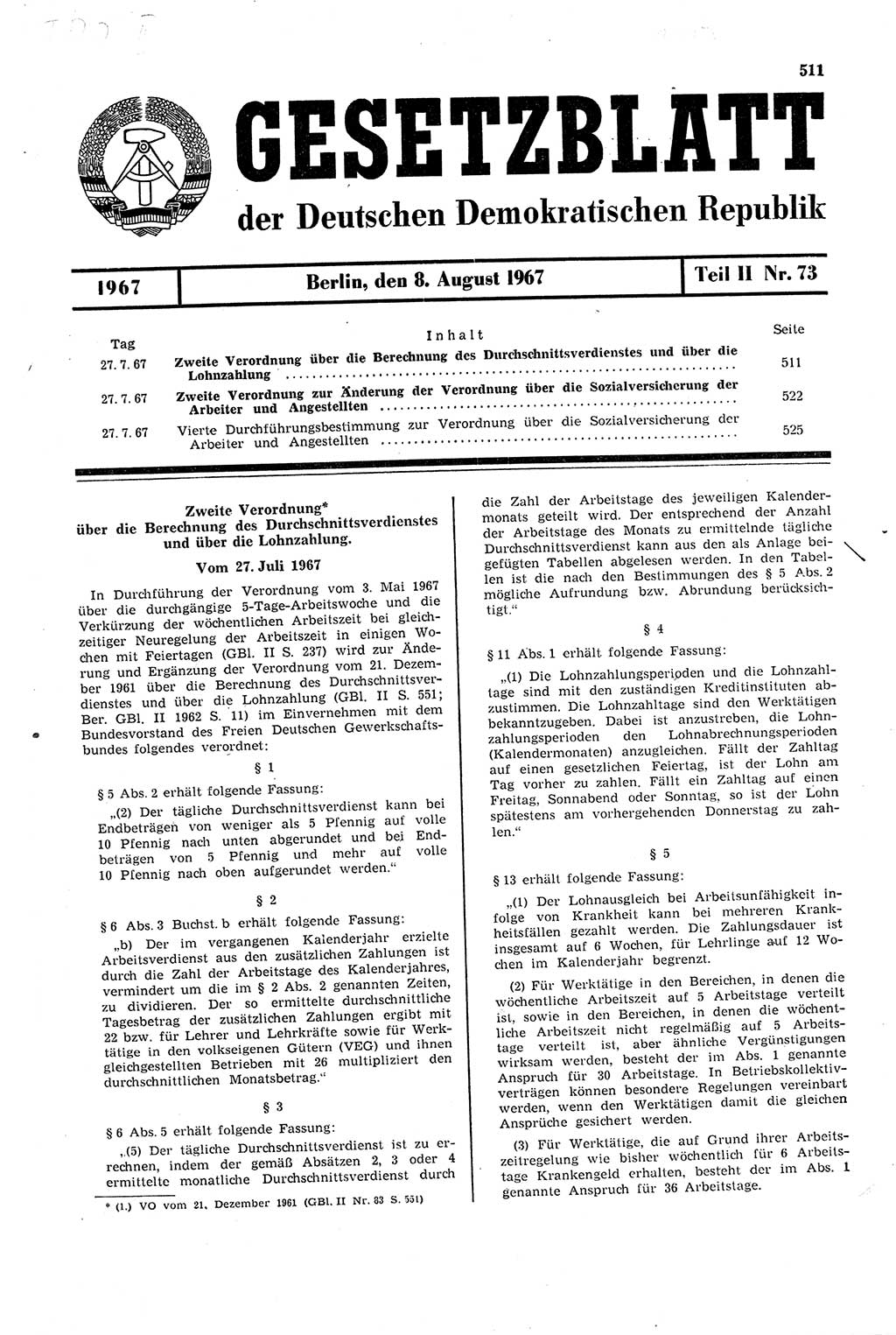 Gesetzblatt (GBl.) der Deutschen Demokratischen Republik (DDR) Teil ⅠⅠ 1967, Seite 511 (GBl. DDR ⅠⅠ 1967, S. 511)