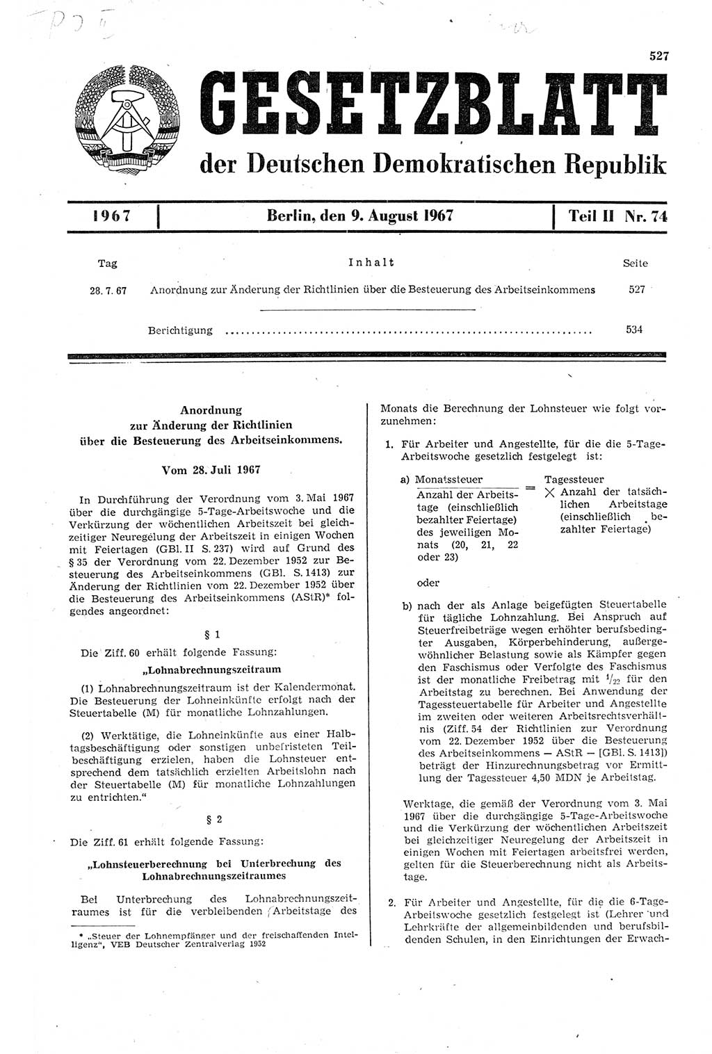 Gesetzblatt (GBl.) der Deutschen Demokratischen Republik (DDR) Teil ⅠⅠ 1967, Seite 527 (GBl. DDR ⅠⅠ 1967, S. 527)