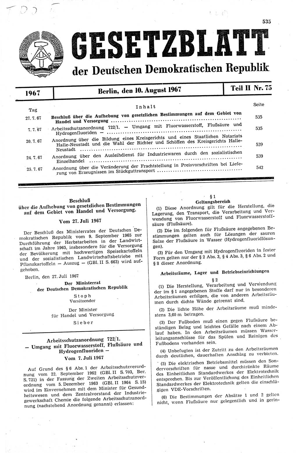 Gesetzblatt (GBl.) der Deutschen Demokratischen Republik (DDR) Teil ⅠⅠ 1967, Seite 535 (GBl. DDR ⅠⅠ 1967, S. 535)