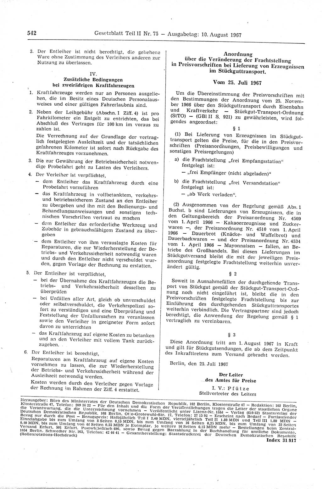 Gesetzblatt (GBl.) der Deutschen Demokratischen Republik (DDR) Teil ⅠⅠ 1967, Seite 542 (GBl. DDR ⅠⅠ 1967, S. 542)