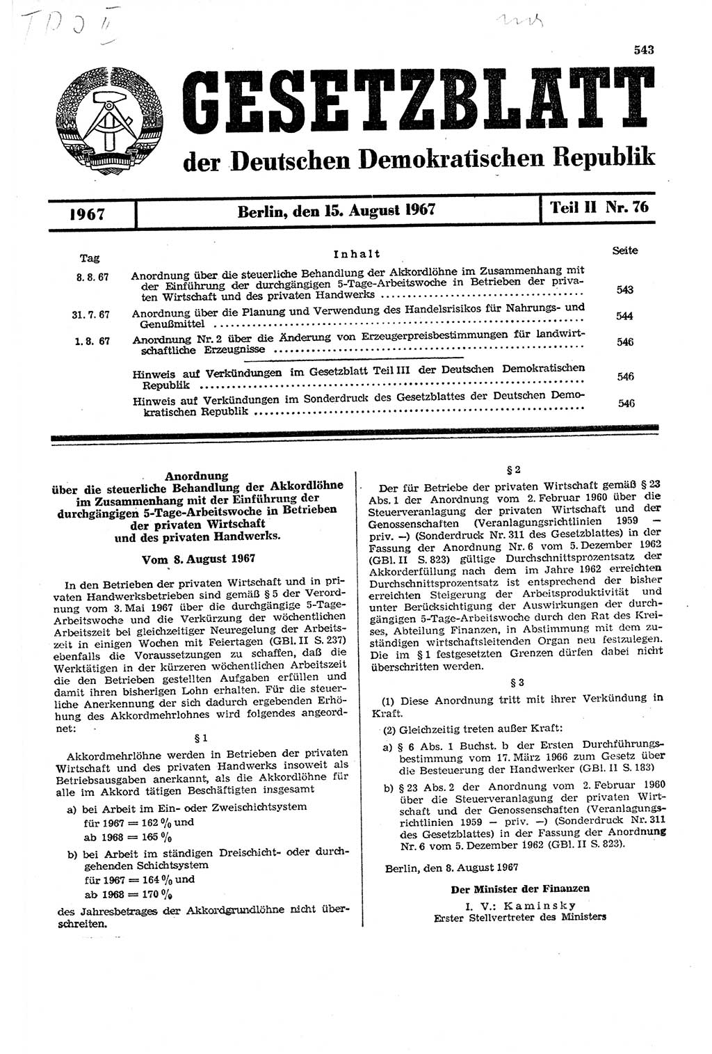 Gesetzblatt (GBl.) der Deutschen Demokratischen Republik (DDR) Teil ⅠⅠ 1967, Seite 543 (GBl. DDR ⅠⅠ 1967, S. 543)