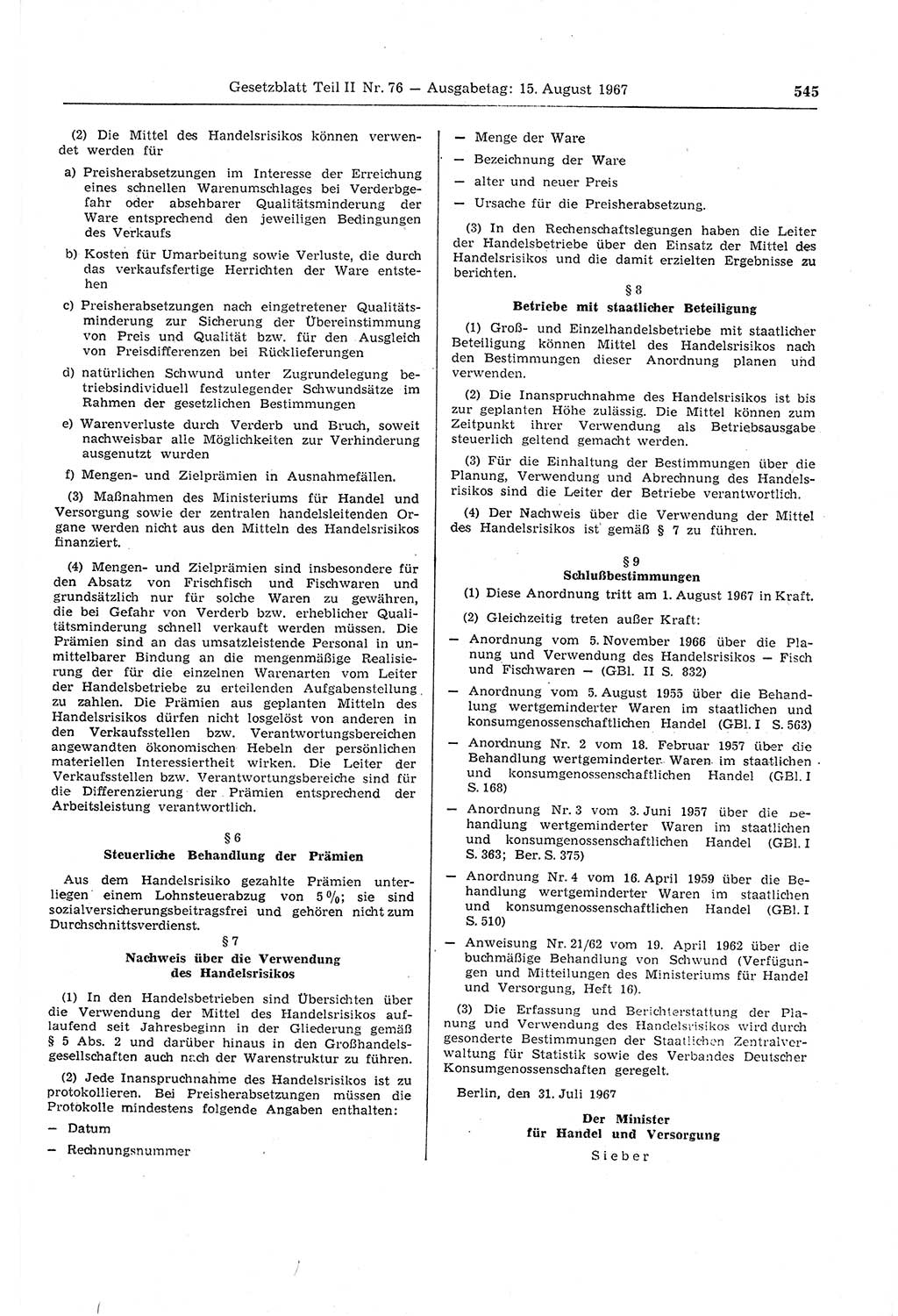 Gesetzblatt (GBl.) der Deutschen Demokratischen Republik (DDR) Teil ⅠⅠ 1967, Seite 545 (GBl. DDR ⅠⅠ 1967, S. 545)