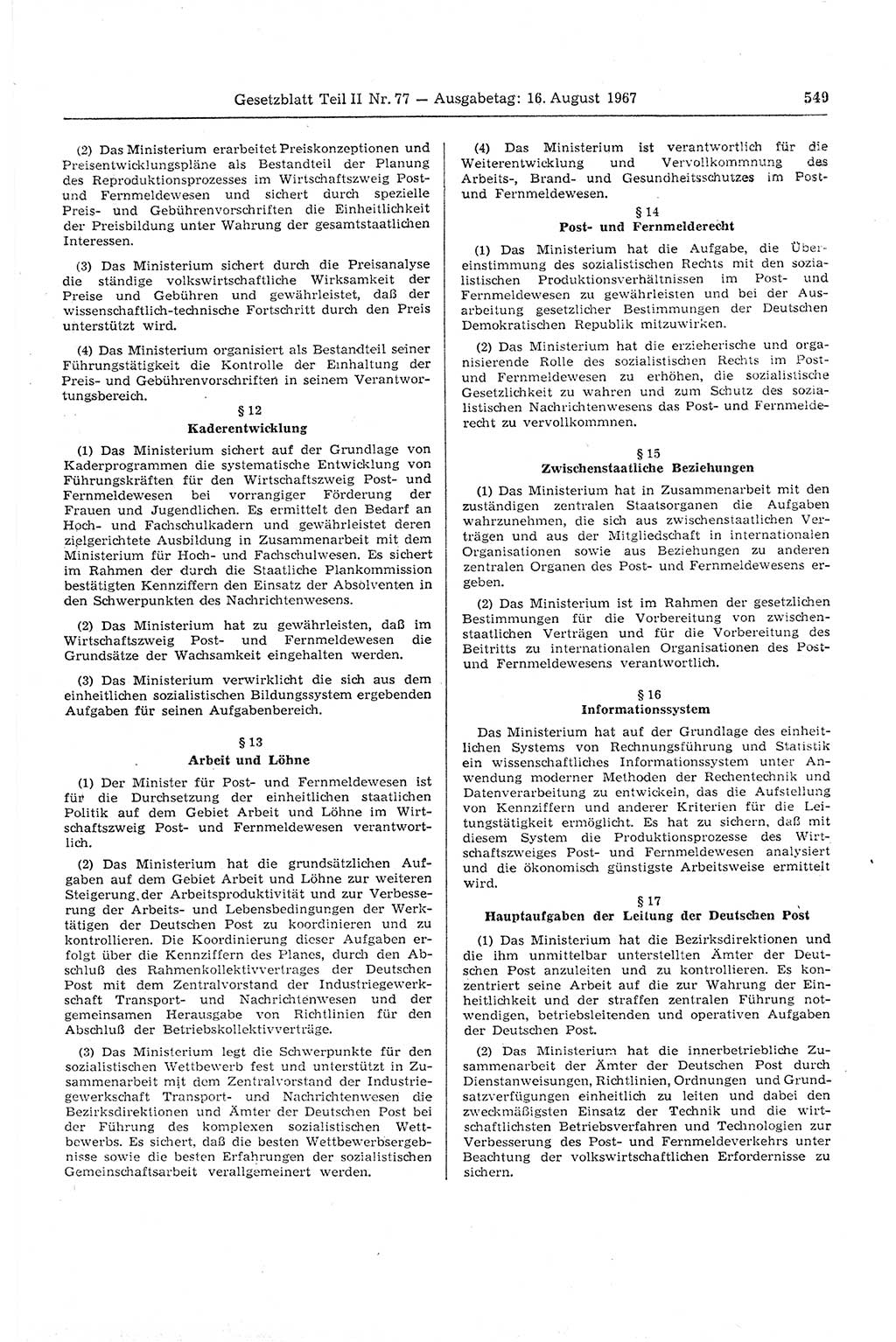 Gesetzblatt (GBl.) der Deutschen Demokratischen Republik (DDR) Teil ⅠⅠ 1967, Seite 549 (GBl. DDR ⅠⅠ 1967, S. 549)