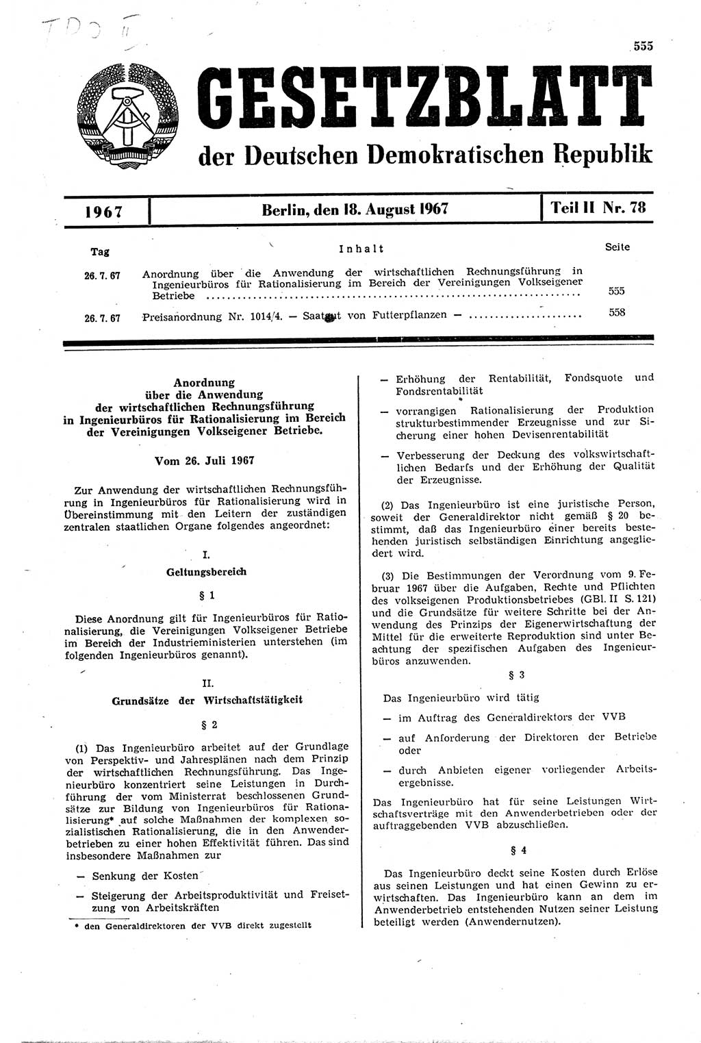 Gesetzblatt (GBl.) der Deutschen Demokratischen Republik (DDR) Teil ⅠⅠ 1967, Seite 555 (GBl. DDR ⅠⅠ 1967, S. 555)