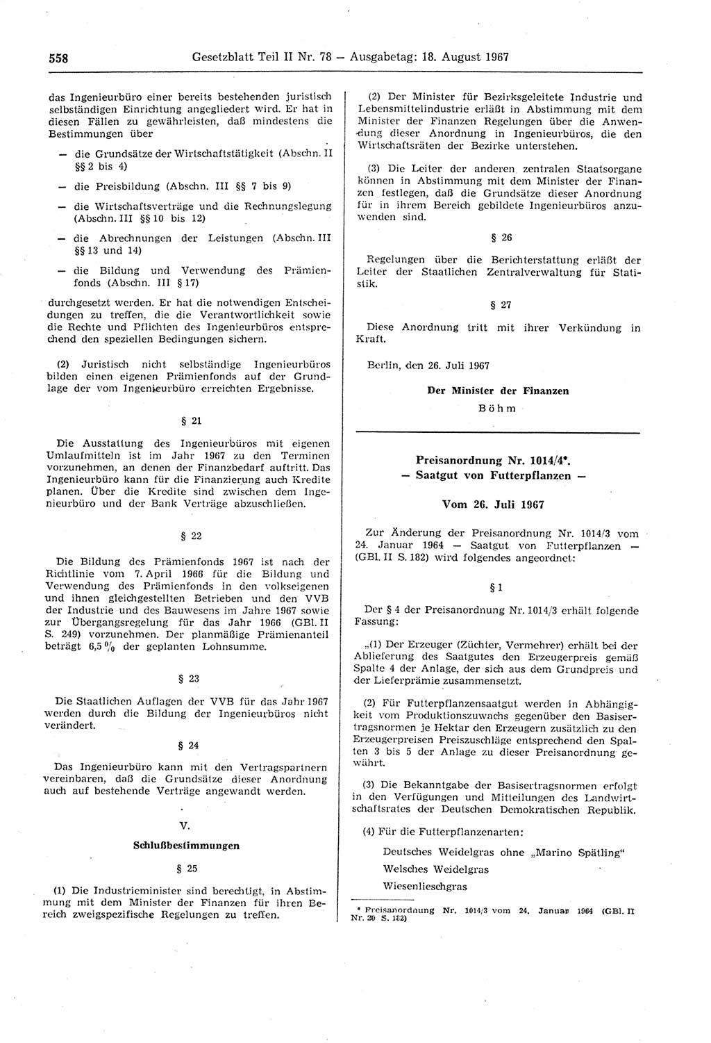 Gesetzblatt (GBl.) der Deutschen Demokratischen Republik (DDR) Teil ⅠⅠ 1967, Seite 558 (GBl. DDR ⅠⅠ 1967, S. 558)
