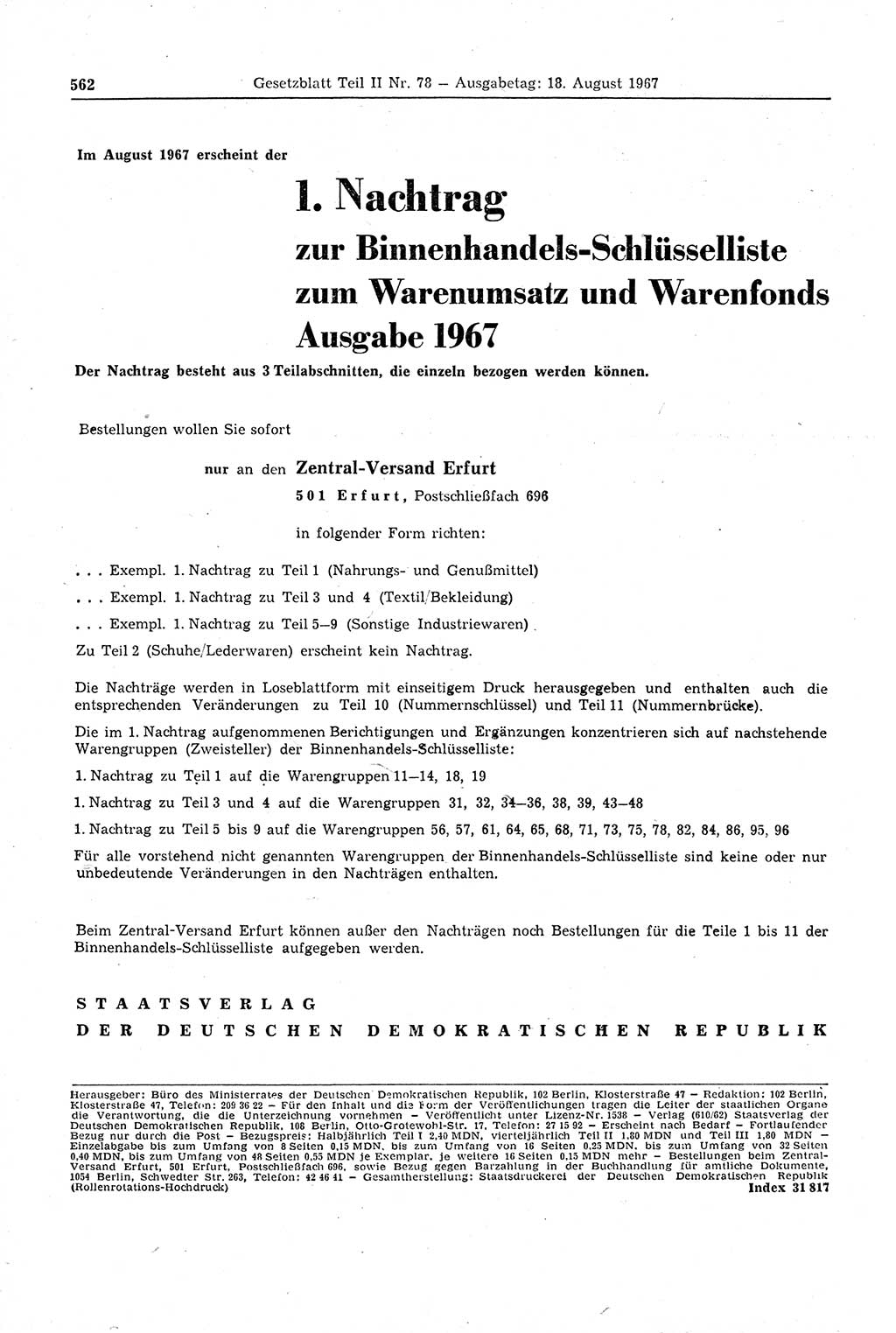 Gesetzblatt (GBl.) der Deutschen Demokratischen Republik (DDR) Teil ⅠⅠ 1967, Seite 562 (GBl. DDR ⅠⅠ 1967, S. 562)