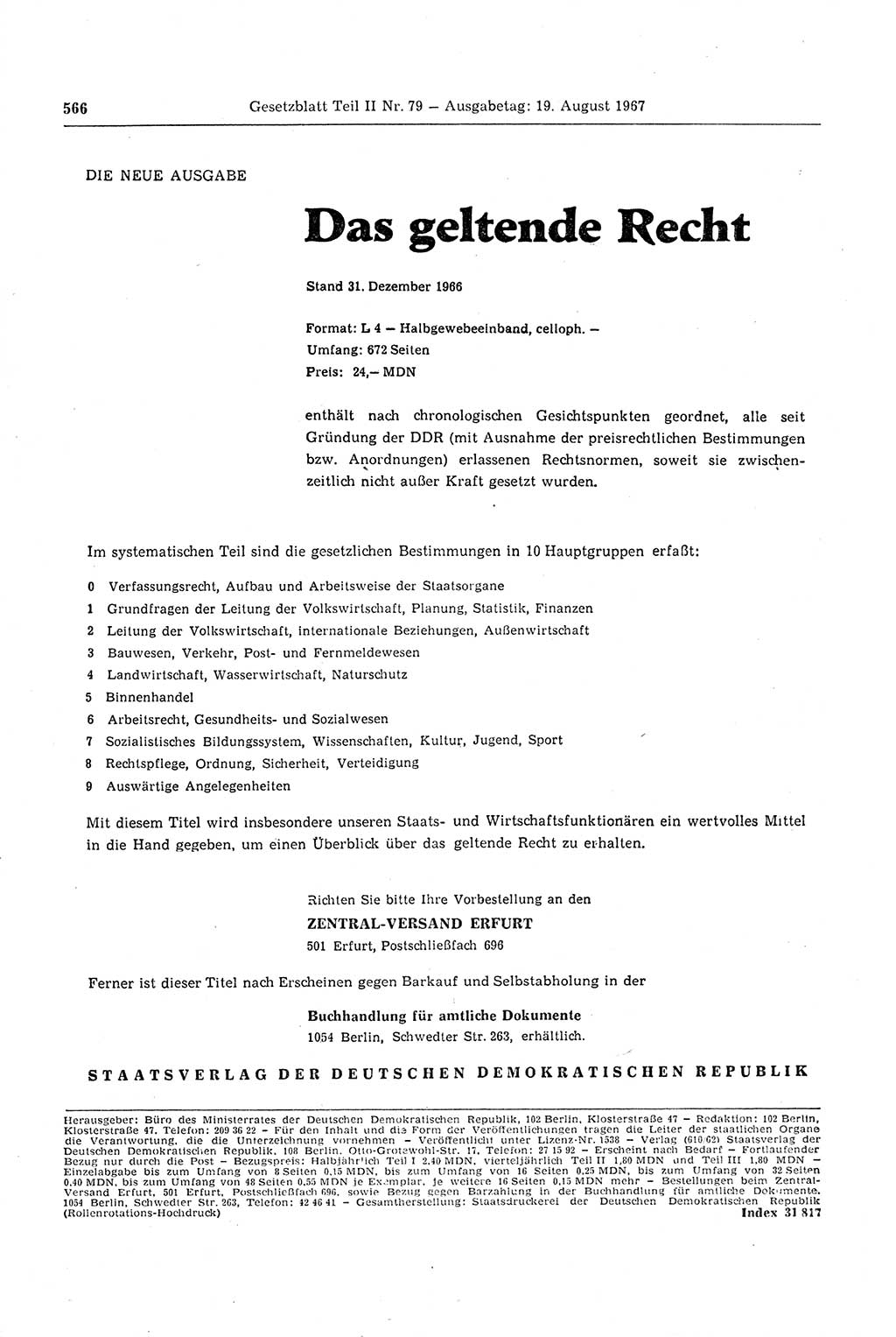 Gesetzblatt (GBl.) der Deutschen Demokratischen Republik (DDR) Teil ⅠⅠ 1967, Seite 566 (GBl. DDR ⅠⅠ 1967, S. 566)