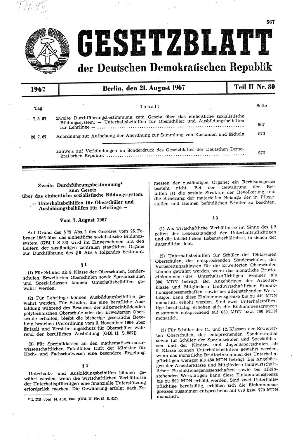 Gesetzblatt (GBl.) der Deutschen Demokratischen Republik (DDR) Teil ⅠⅠ 1967, Seite 567 (GBl. DDR ⅠⅠ 1967, S. 567)