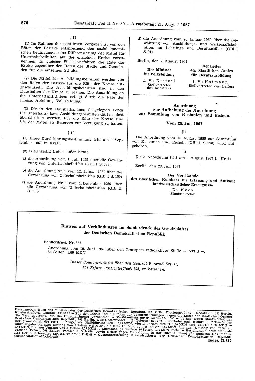 Gesetzblatt (GBl.) der Deutschen Demokratischen Republik (DDR) Teil ⅠⅠ 1967, Seite 570 (GBl. DDR ⅠⅠ 1967, S. 570)