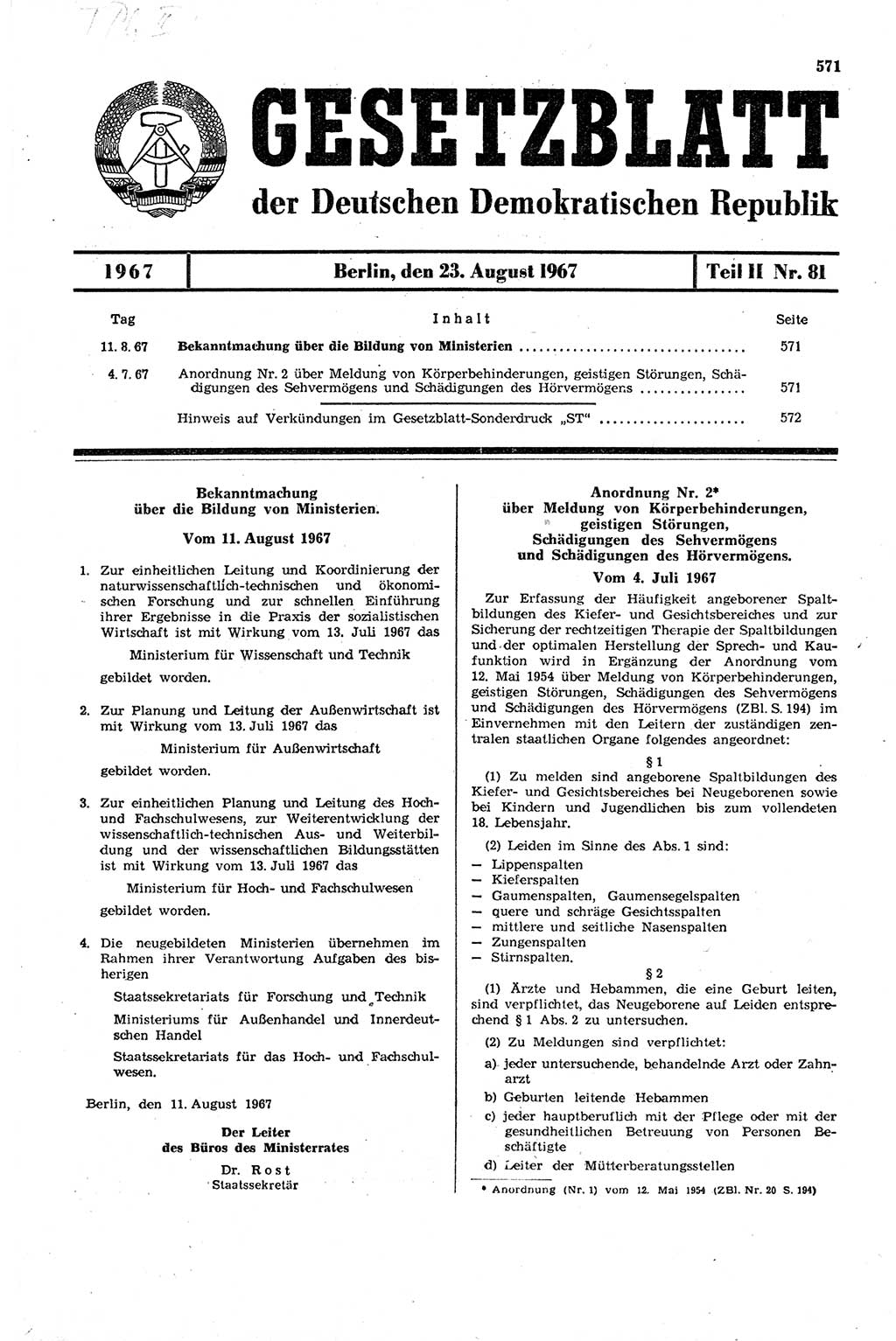 Gesetzblatt (GBl.) der Deutschen Demokratischen Republik (DDR) Teil ⅠⅠ 1967, Seite 571 (GBl. DDR ⅠⅠ 1967, S. 571)