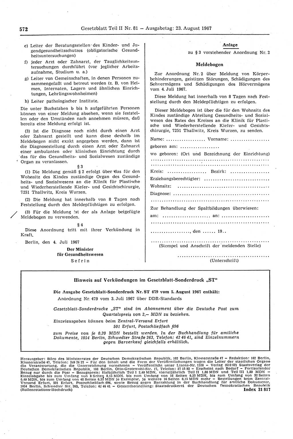 Gesetzblatt (GBl.) der Deutschen Demokratischen Republik (DDR) Teil ⅠⅠ 1967, Seite 572 (GBl. DDR ⅠⅠ 1967, S. 572)