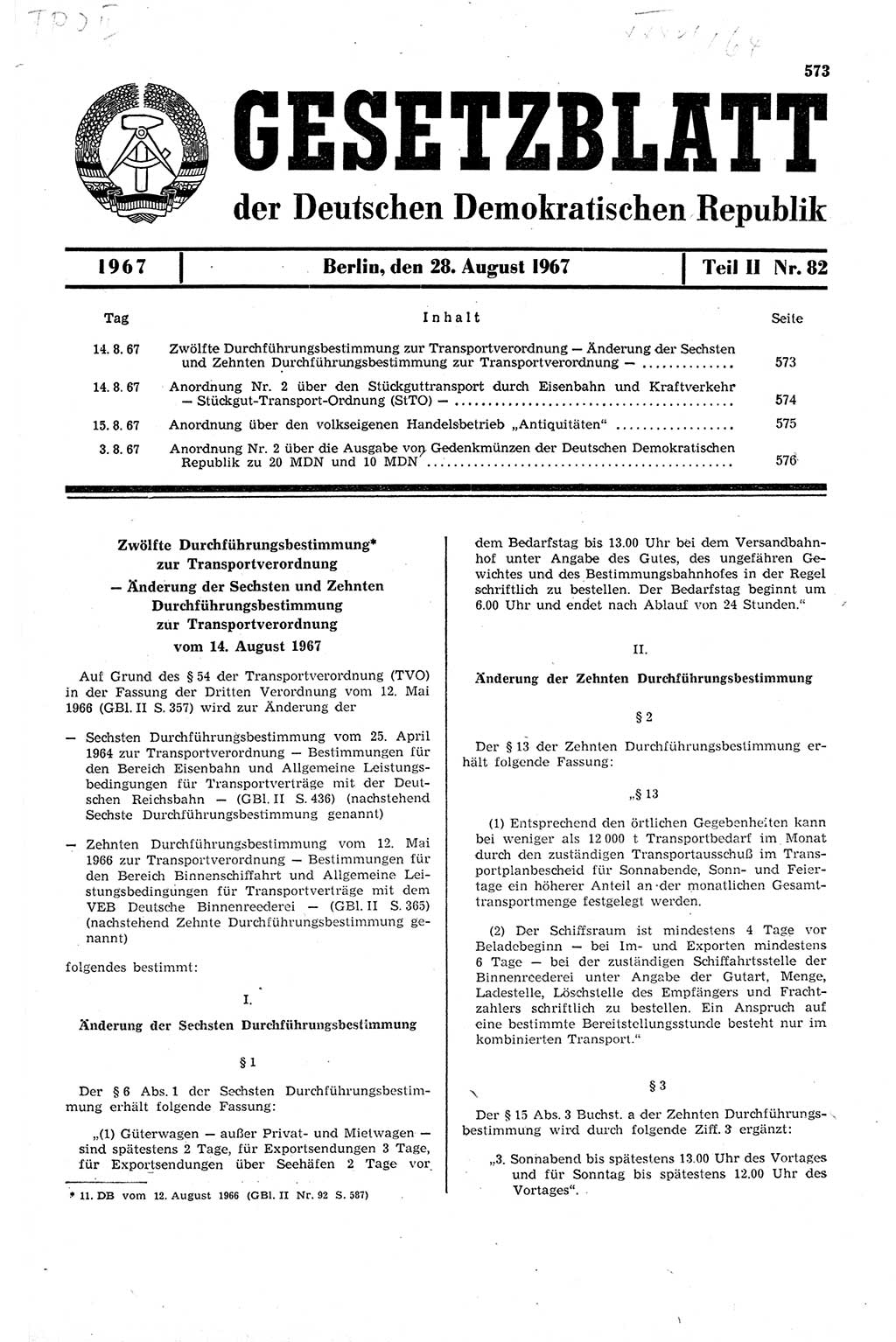Gesetzblatt (GBl.) der Deutschen Demokratischen Republik (DDR) Teil ⅠⅠ 1967, Seite 573 (GBl. DDR ⅠⅠ 1967, S. 573)