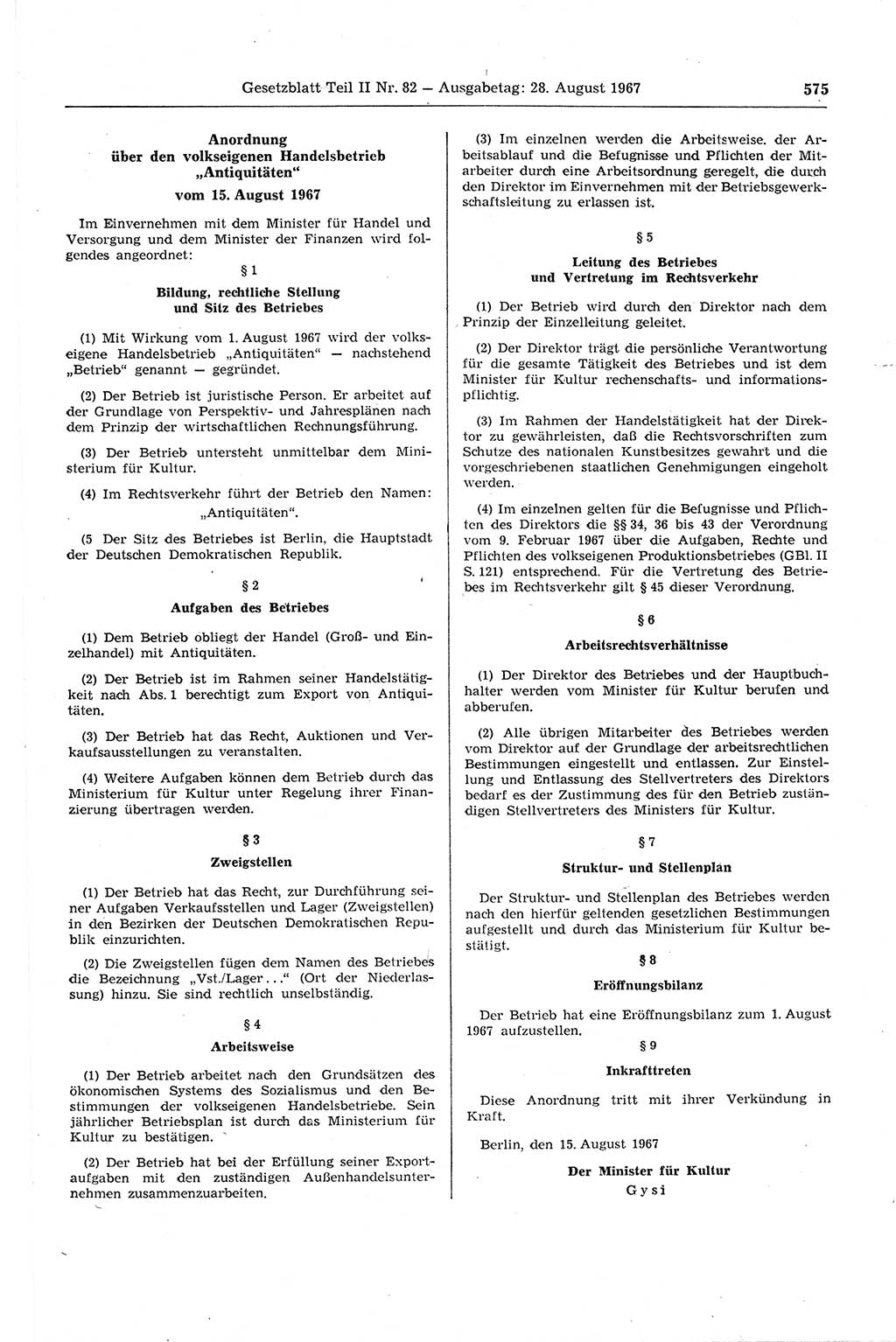 Gesetzblatt (GBl.) der Deutschen Demokratischen Republik (DDR) Teil ⅠⅠ 1967, Seite 575 (GBl. DDR ⅠⅠ 1967, S. 575)