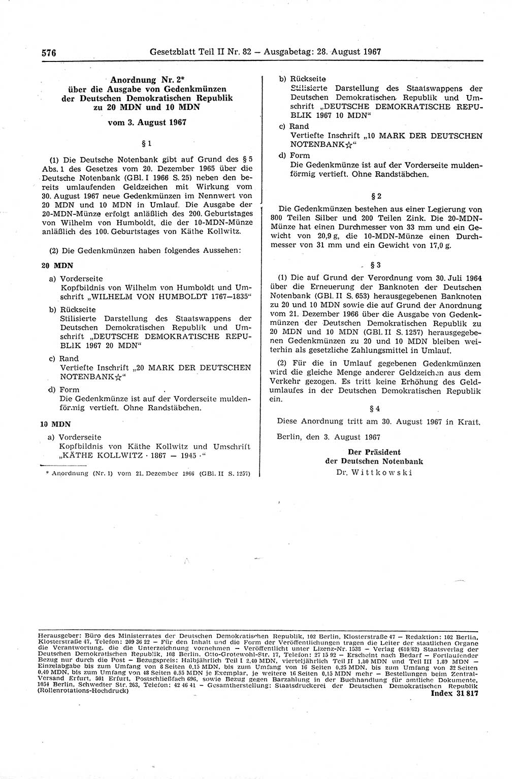 Gesetzblatt (GBl.) der Deutschen Demokratischen Republik (DDR) Teil ⅠⅠ 1967, Seite 576 (GBl. DDR ⅠⅠ 1967, S. 576)