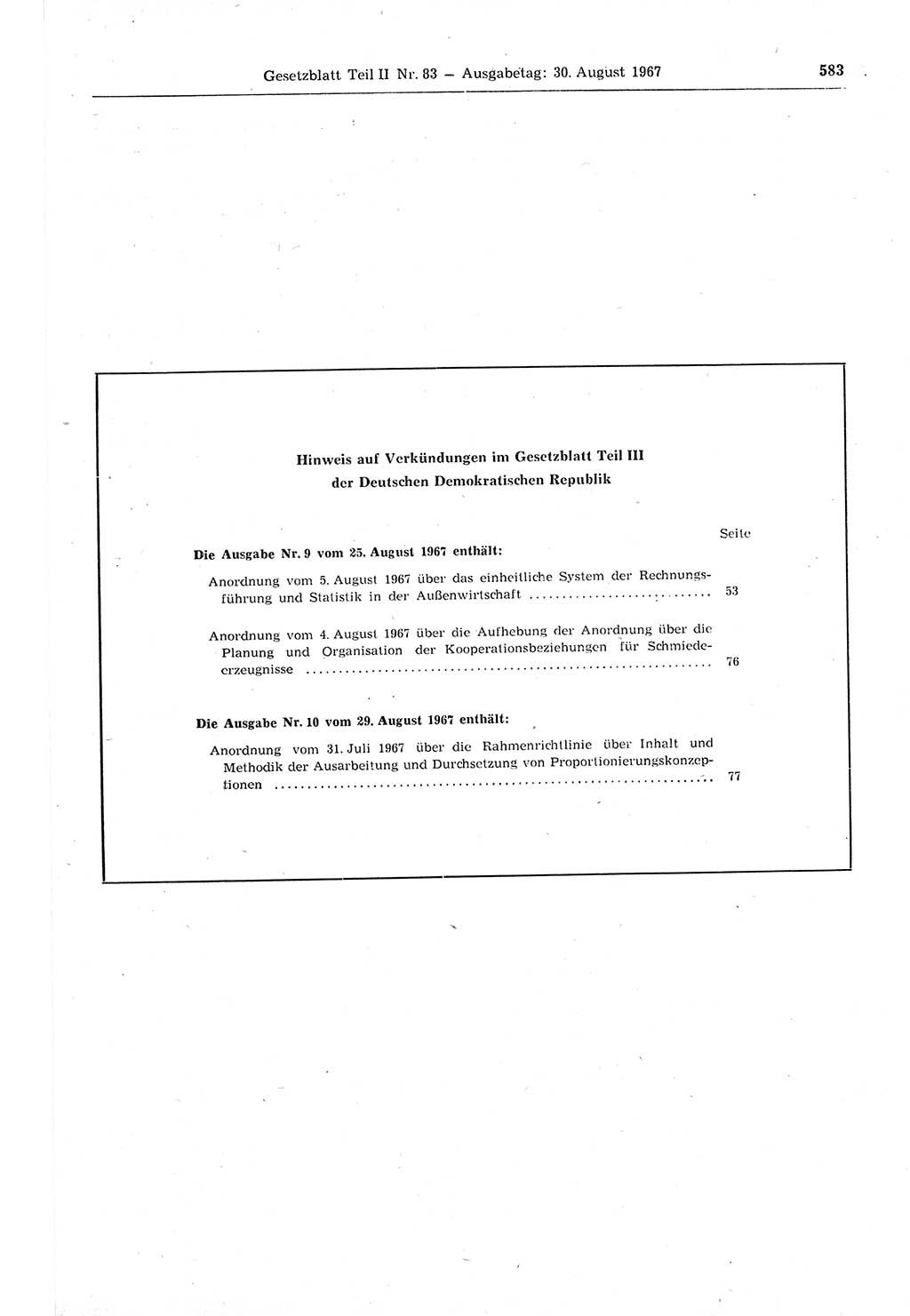 Gesetzblatt (GBl.) der Deutschen Demokratischen Republik (DDR) Teil ⅠⅠ 1967, Seite 583 (GBl. DDR ⅠⅠ 1967, S. 583)