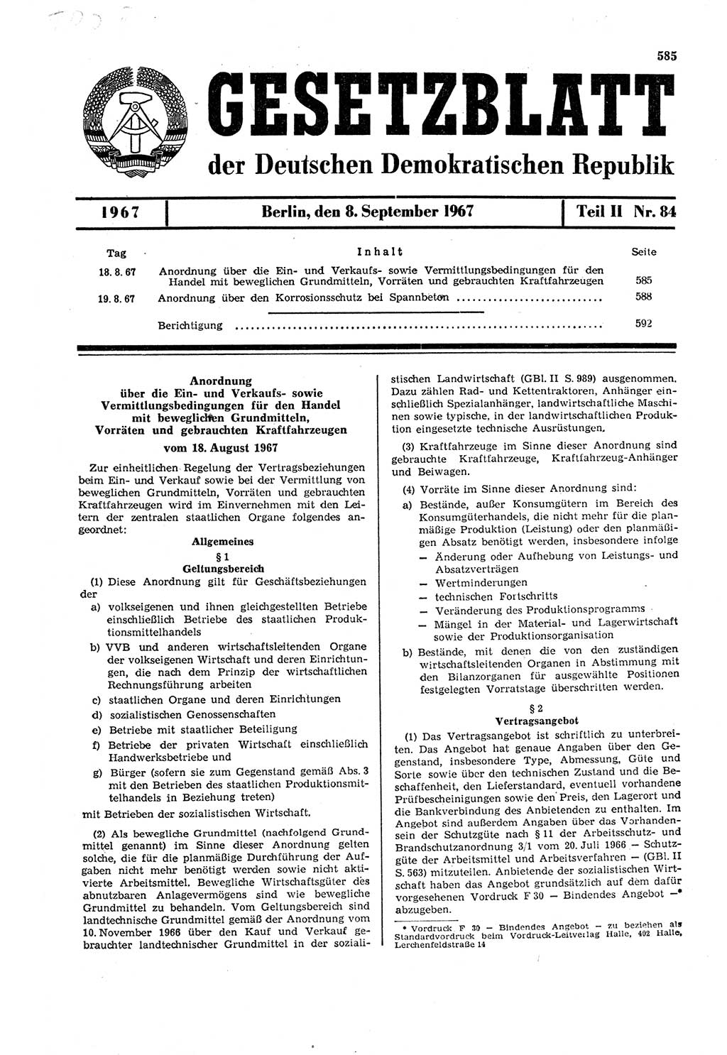 Gesetzblatt (GBl.) der Deutschen Demokratischen Republik (DDR) Teil ⅠⅠ 1967, Seite 585 (GBl. DDR ⅠⅠ 1967, S. 585)
