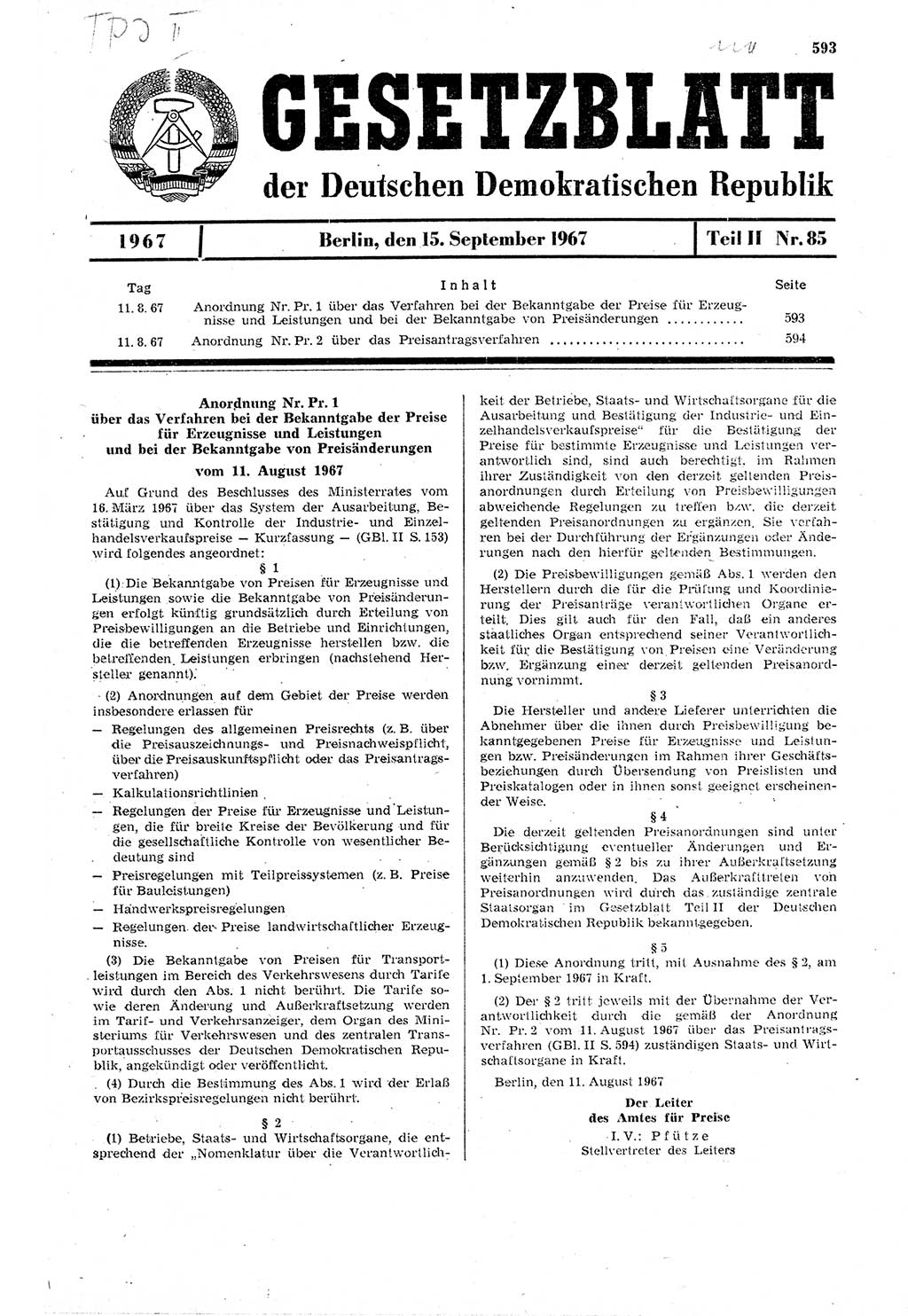 Gesetzblatt (GBl.) der Deutschen Demokratischen Republik (DDR) Teil ⅠⅠ 1967, Seite 593 (GBl. DDR ⅠⅠ 1967, S. 593)