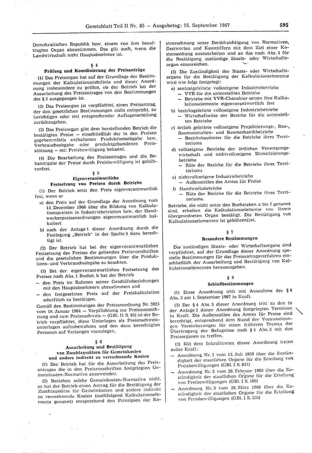 Gesetzblatt (GBl.) der Deutschen Demokratischen Republik (DDR) Teil ⅠⅠ 1967, Seite 595 (GBl. DDR ⅠⅠ 1967, S. 595)