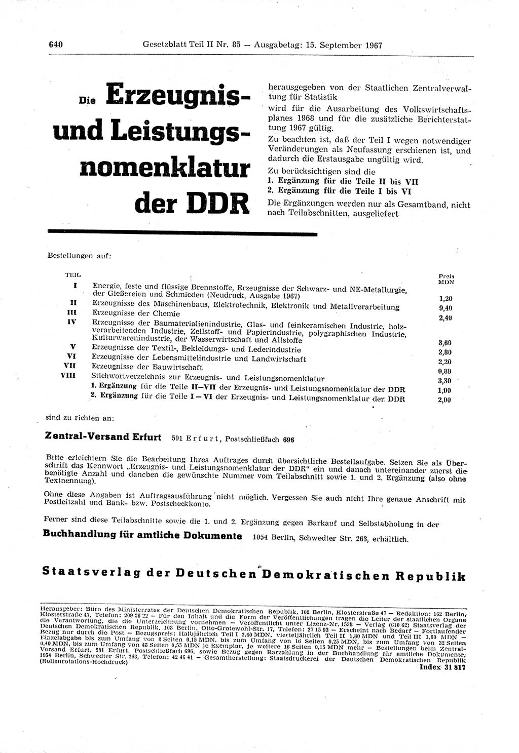 Gesetzblatt (GBl.) der Deutschen Demokratischen Republik (DDR) Teil ⅠⅠ 1967, Seite 640 (GBl. DDR ⅠⅠ 1967, S. 640)