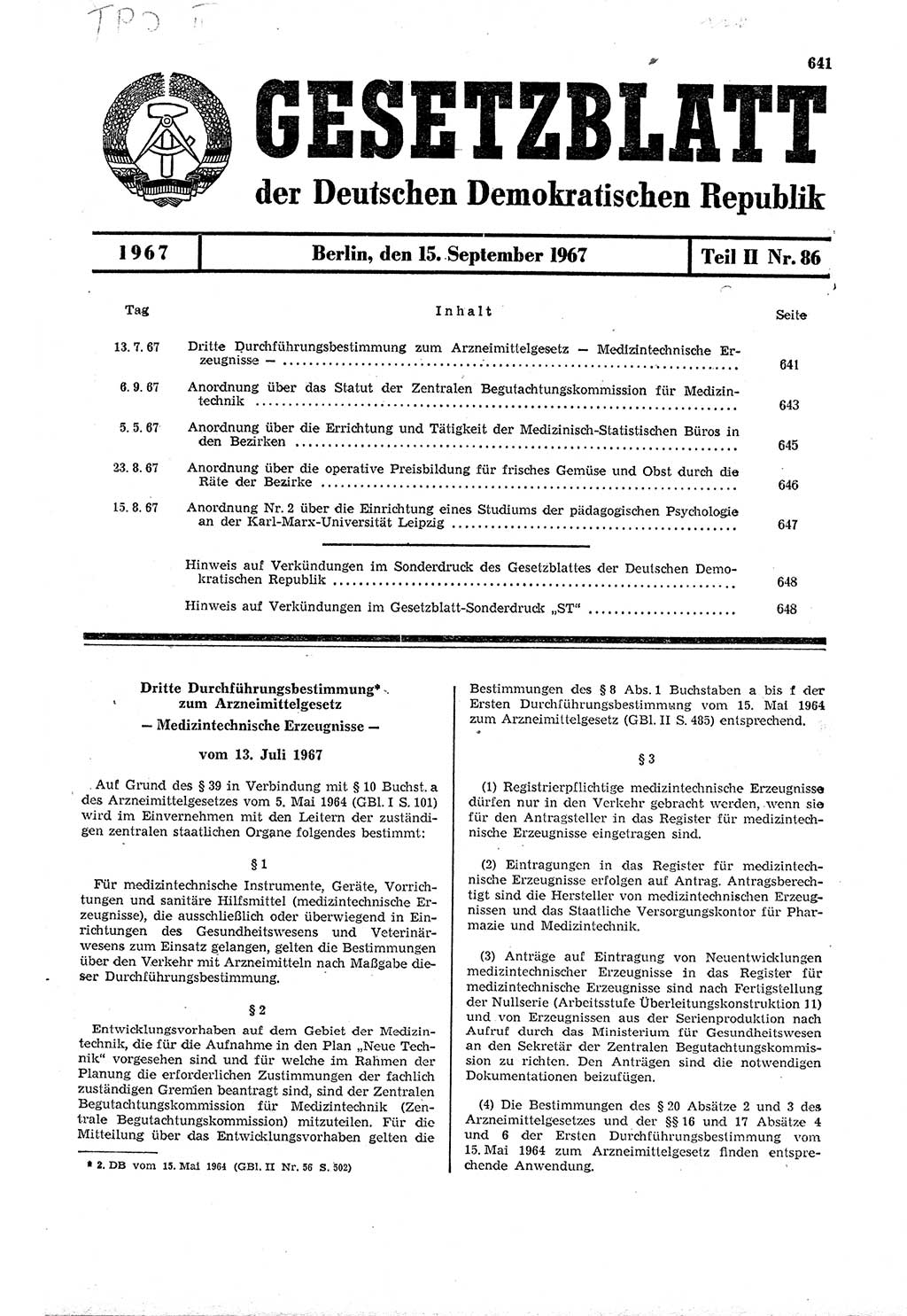 Gesetzblatt (GBl.) der Deutschen Demokratischen Republik (DDR) Teil ⅠⅠ 1967, Seite 641 (GBl. DDR ⅠⅠ 1967, S. 641)