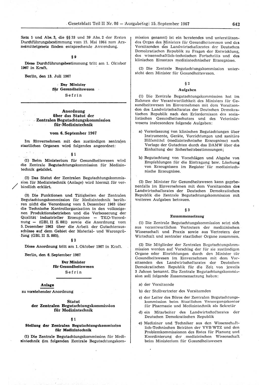 Gesetzblatt (GBl.) der Deutschen Demokratischen Republik (DDR) Teil ⅠⅠ 1967, Seite 643 (GBl. DDR ⅠⅠ 1967, S. 643)