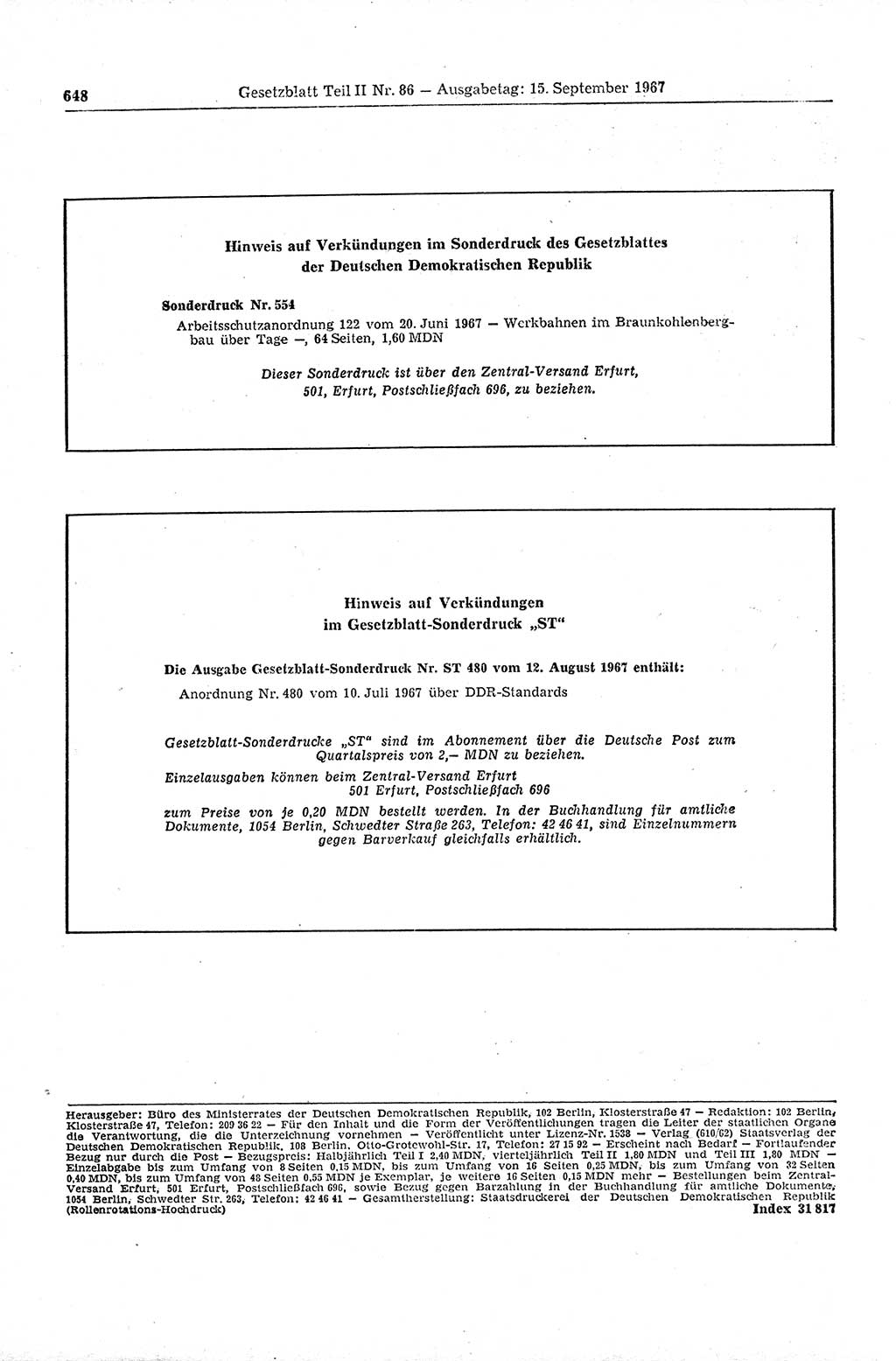 Gesetzblatt (GBl.) der Deutschen Demokratischen Republik (DDR) Teil ⅠⅠ 1967, Seite 648 (GBl. DDR ⅠⅠ 1967, S. 648)