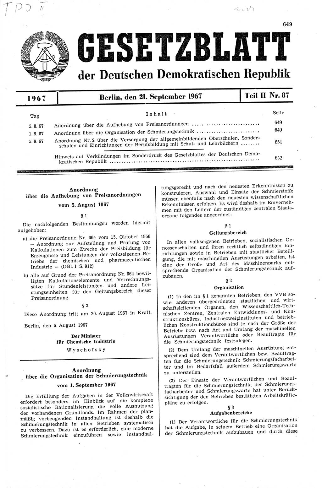 Gesetzblatt (GBl.) der Deutschen Demokratischen Republik (DDR) Teil ⅠⅠ 1967, Seite 649 (GBl. DDR ⅠⅠ 1967, S. 649)
