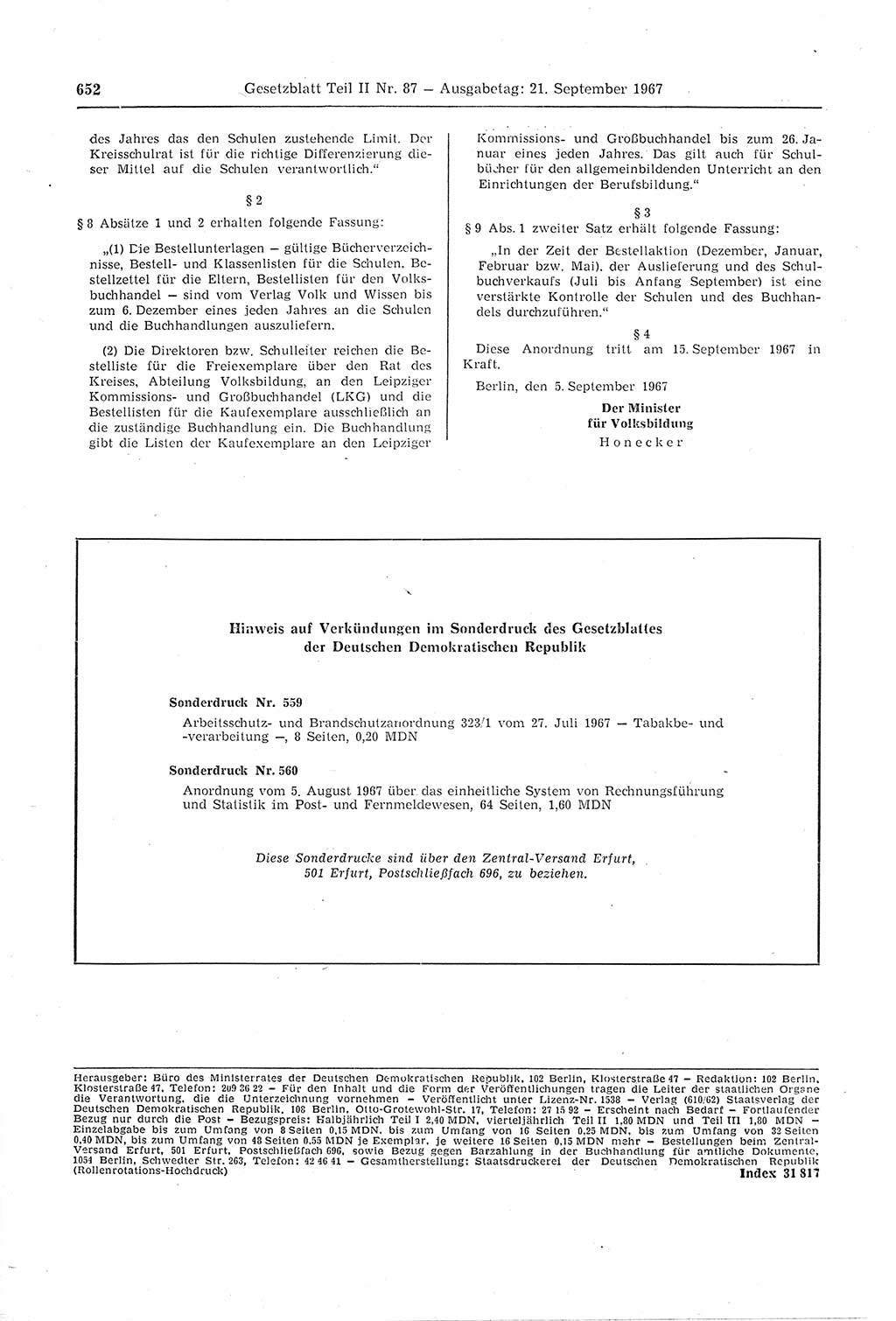 Gesetzblatt (GBl.) der Deutschen Demokratischen Republik (DDR) Teil ⅠⅠ 1967, Seite 652 (GBl. DDR ⅠⅠ 1967, S. 652)