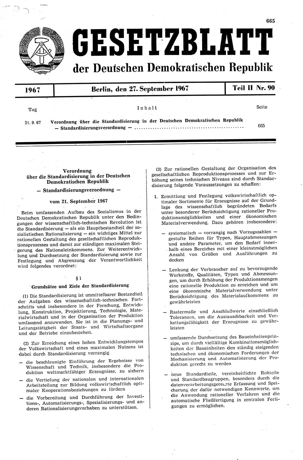 Gesetzblatt (GBl.) der Deutschen Demokratischen Republik (DDR) Teil ⅠⅠ 1967, Seite 665 (GBl. DDR ⅠⅠ 1967, S. 665)