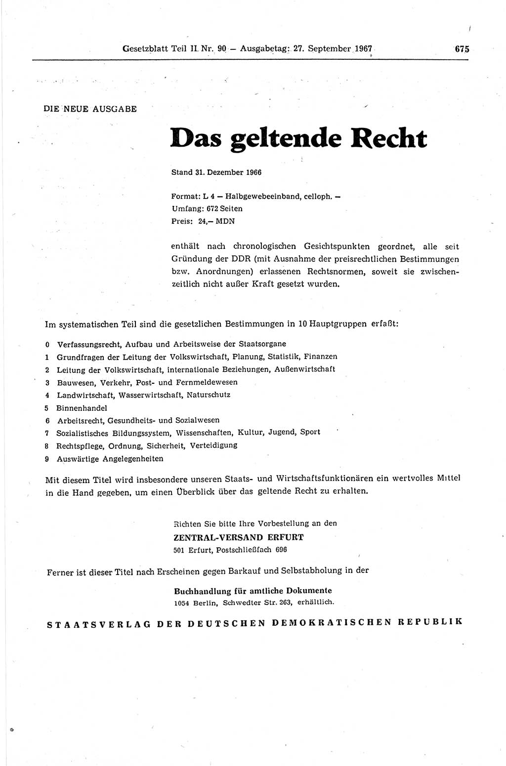 Gesetzblatt (GBl.) der Deutschen Demokratischen Republik (DDR) Teil ⅠⅠ 1967, Seite 675 (GBl. DDR ⅠⅠ 1967, S. 675)