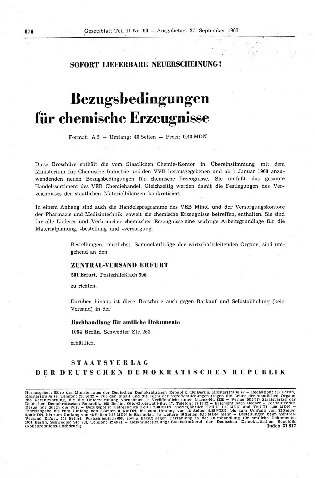 Gesetzblatt (GBl.) der Deutschen Demokratischen Republik (DDR) Teil ⅠⅠ 1967, Seite 676 (GBl. DDR ⅠⅠ 1967, S. 676)