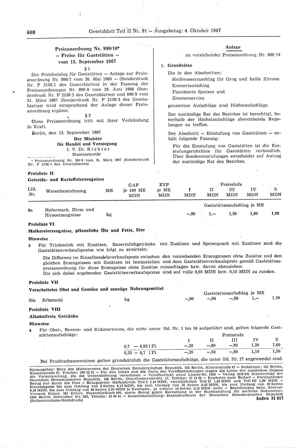 Gesetzblatt (GBl.) der Deutschen Demokratischen Republik (DDR) Teil ⅠⅠ 1967, Seite 680 (GBl. DDR ⅠⅠ 1967, S. 680)