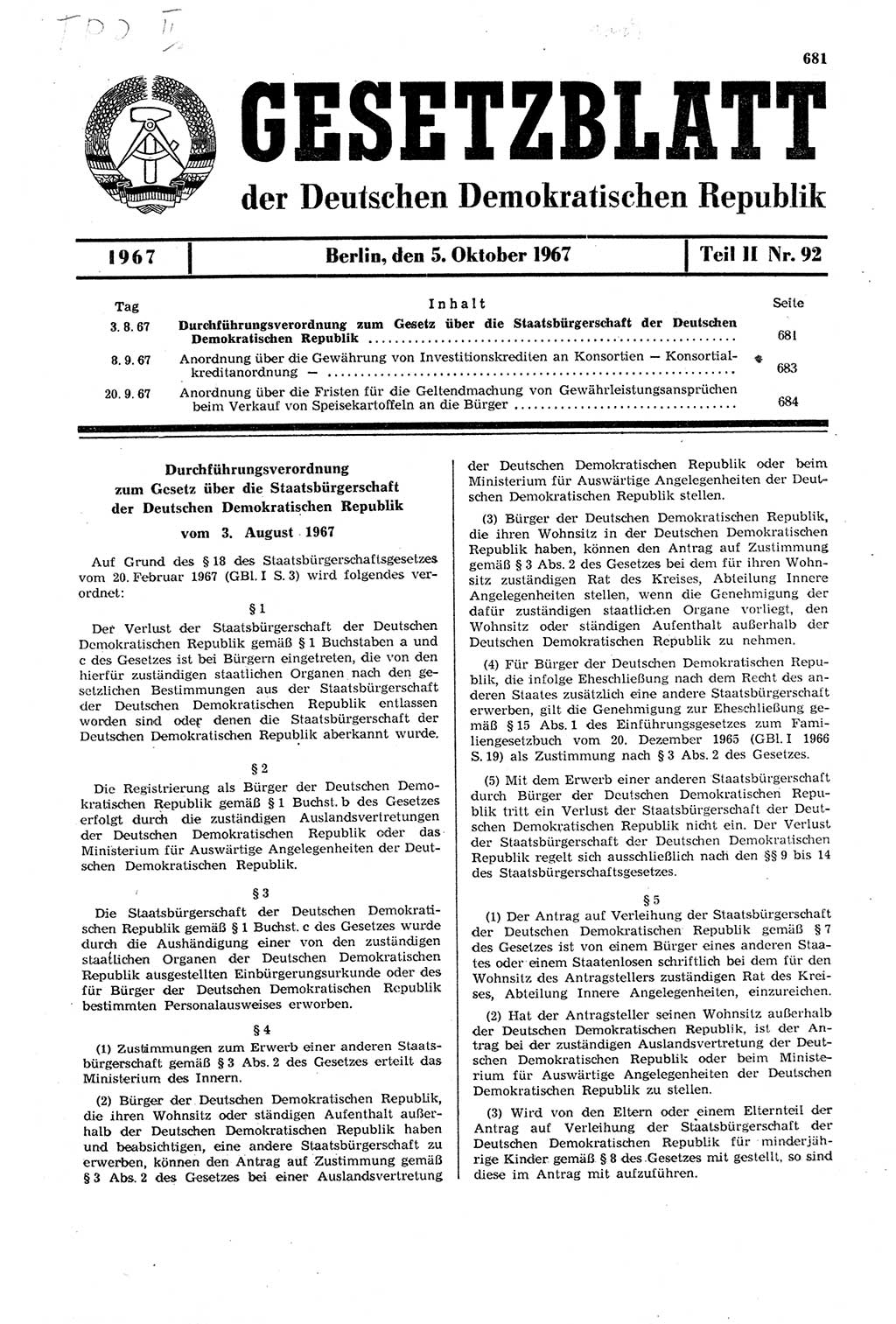Gesetzblatt (GBl.) der Deutschen Demokratischen Republik (DDR) Teil ⅠⅠ 1967, Seite 681 (GBl. DDR ⅠⅠ 1967, S. 681)
