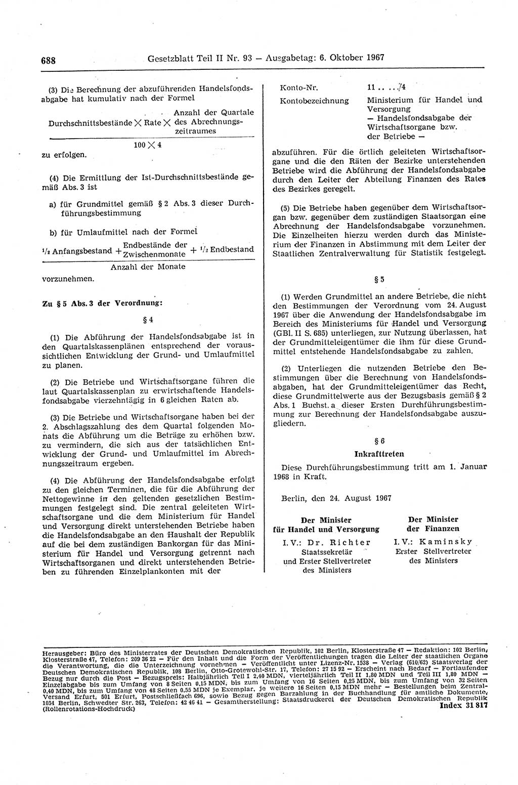 Gesetzblatt (GBl.) der Deutschen Demokratischen Republik (DDR) Teil ⅠⅠ 1967, Seite 688 (GBl. DDR ⅠⅠ 1967, S. 688)
