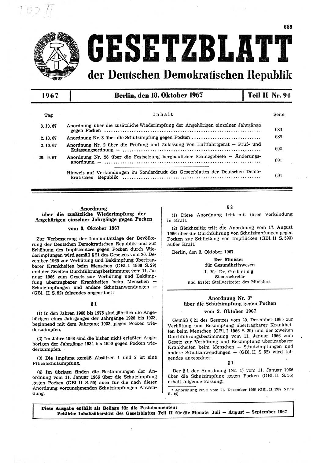 Gesetzblatt (GBl.) der Deutschen Demokratischen Republik (DDR) Teil ⅠⅠ 1967, Seite 689 (GBl. DDR ⅠⅠ 1967, S. 689)
