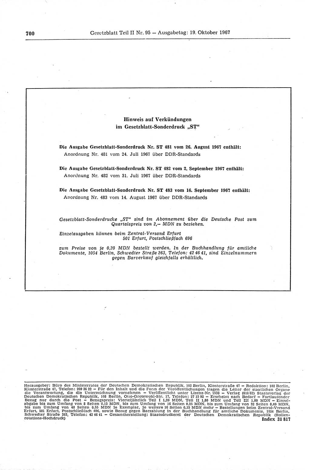 Gesetzblatt (GBl.) der Deutschen Demokratischen Republik (DDR) Teil ⅠⅠ 1967, Seite 700 (GBl. DDR ⅠⅠ 1967, S. 700)