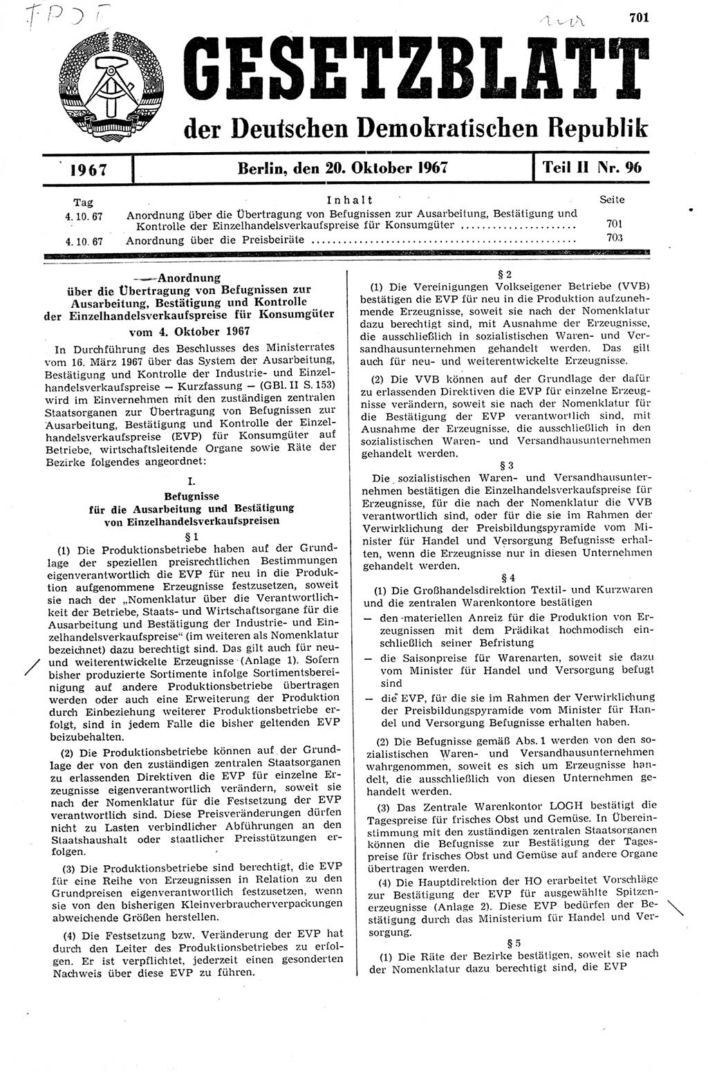 Gesetzblatt (GBl.) der Deutschen Demokratischen Republik (DDR) Teil ⅠⅠ 1967, Seite 701 (GBl. DDR ⅠⅠ 1967, S. 701)