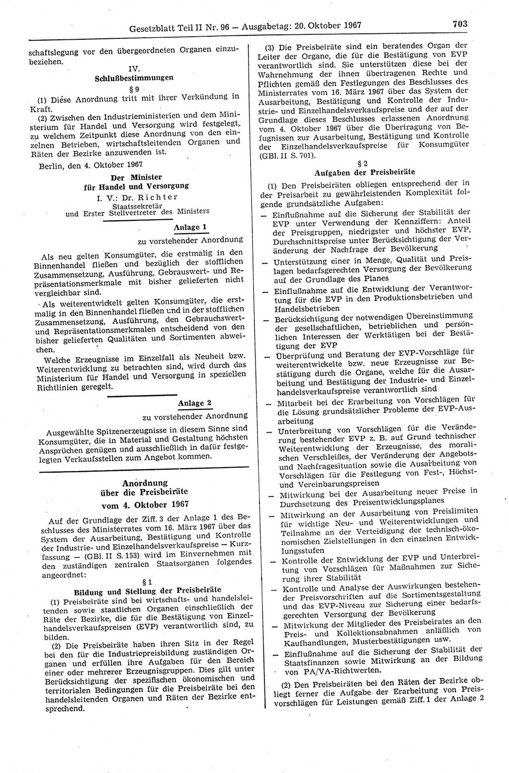 Gesetzblatt (GBl.) der Deutschen Demokratischen Republik (DDR) Teil ⅠⅠ 1967, Seite 703 (GBl. DDR ⅠⅠ 1967, S. 703)