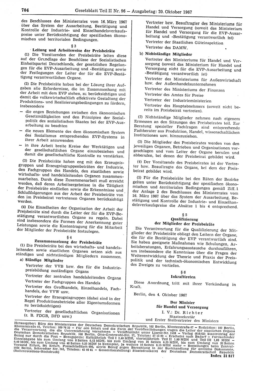 Gesetzblatt (GBl.) der Deutschen Demokratischen Republik (DDR) Teil ⅠⅠ 1967, Seite 704 (GBl. DDR ⅠⅠ 1967, S. 704)