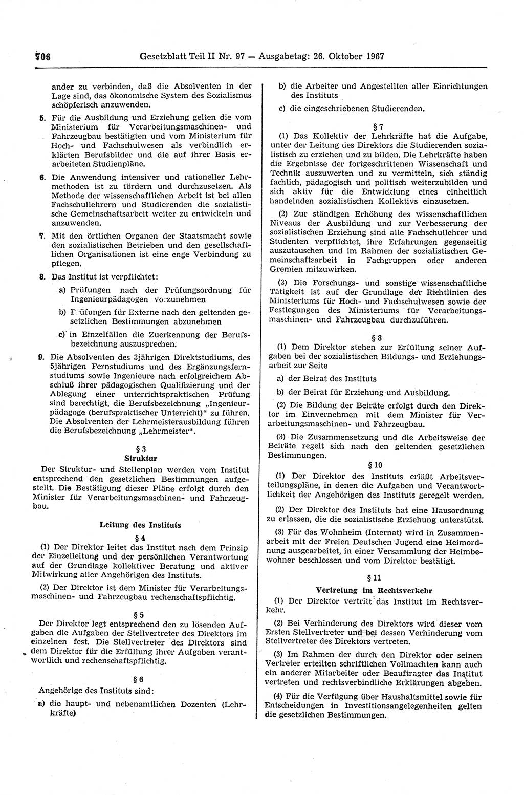 Gesetzblatt (GBl.) der Deutschen Demokratischen Republik (DDR) Teil ⅠⅠ 1967, Seite 706 (GBl. DDR ⅠⅠ 1967, S. 706)