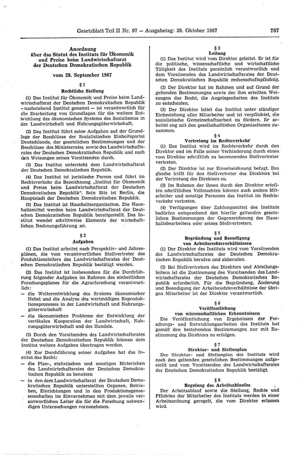 Gesetzblatt (GBl.) der Deutschen Demokratischen Republik (DDR) Teil ⅠⅠ 1967, Seite 707 (GBl. DDR ⅠⅠ 1967, S. 707)