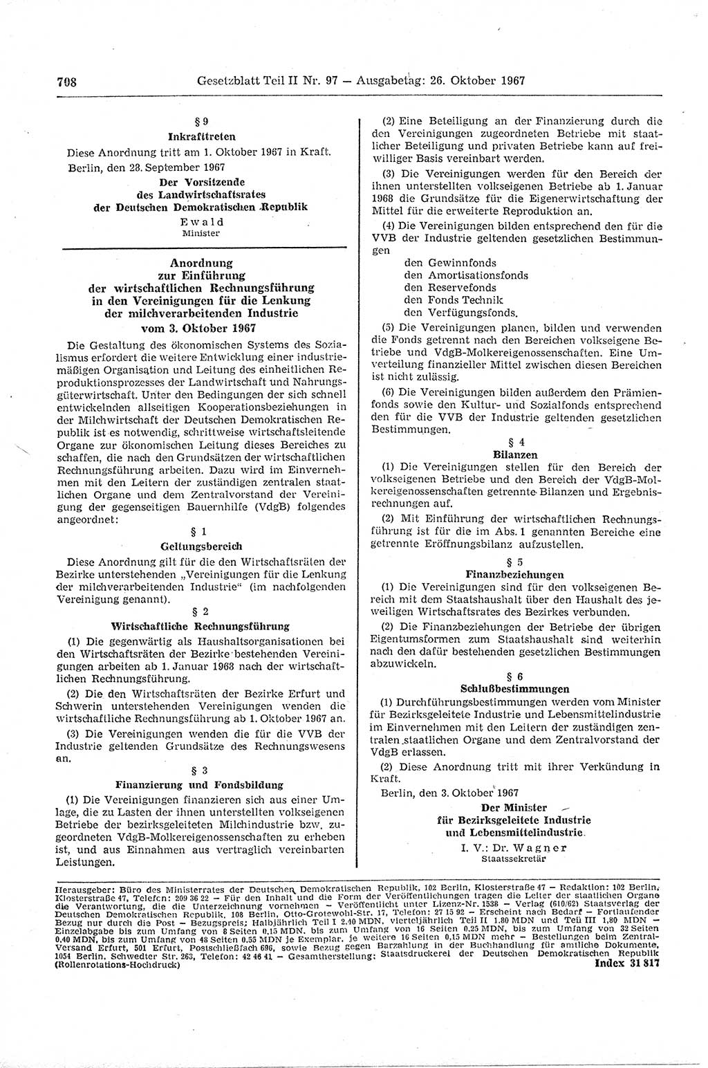 Gesetzblatt (GBl.) der Deutschen Demokratischen Republik (DDR) Teil ⅠⅠ 1967, Seite 708 (GBl. DDR ⅠⅠ 1967, S. 708)