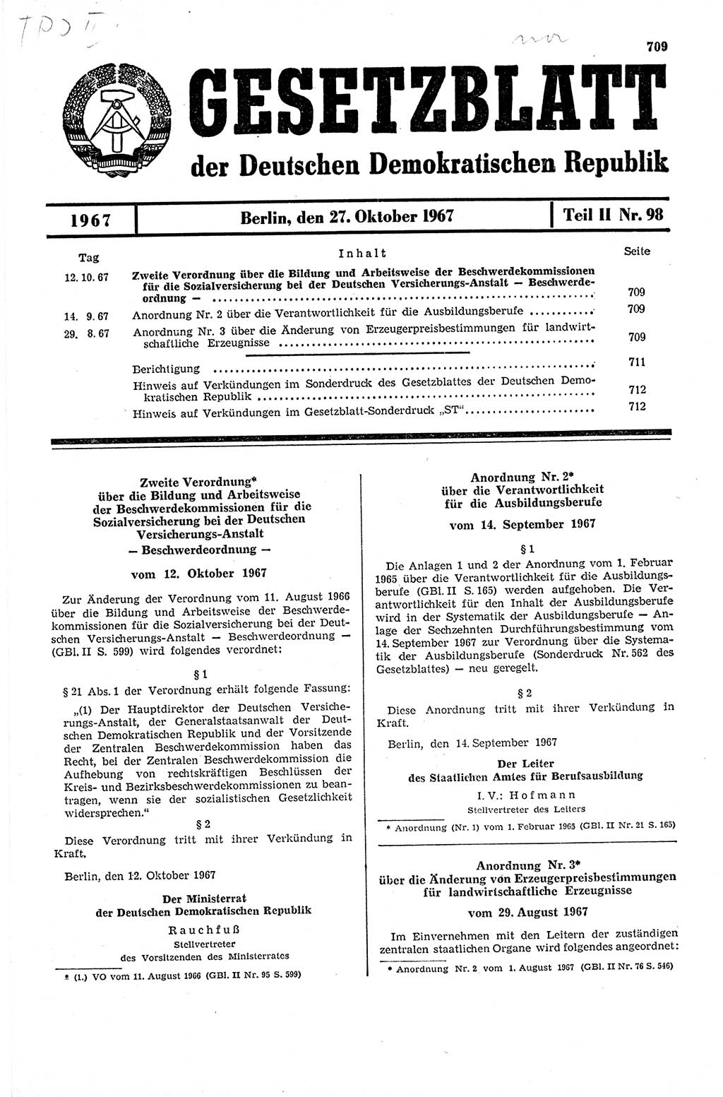 Gesetzblatt (GBl.) der Deutschen Demokratischen Republik (DDR) Teil ⅠⅠ 1967, Seite 709 (GBl. DDR ⅠⅠ 1967, S. 709)