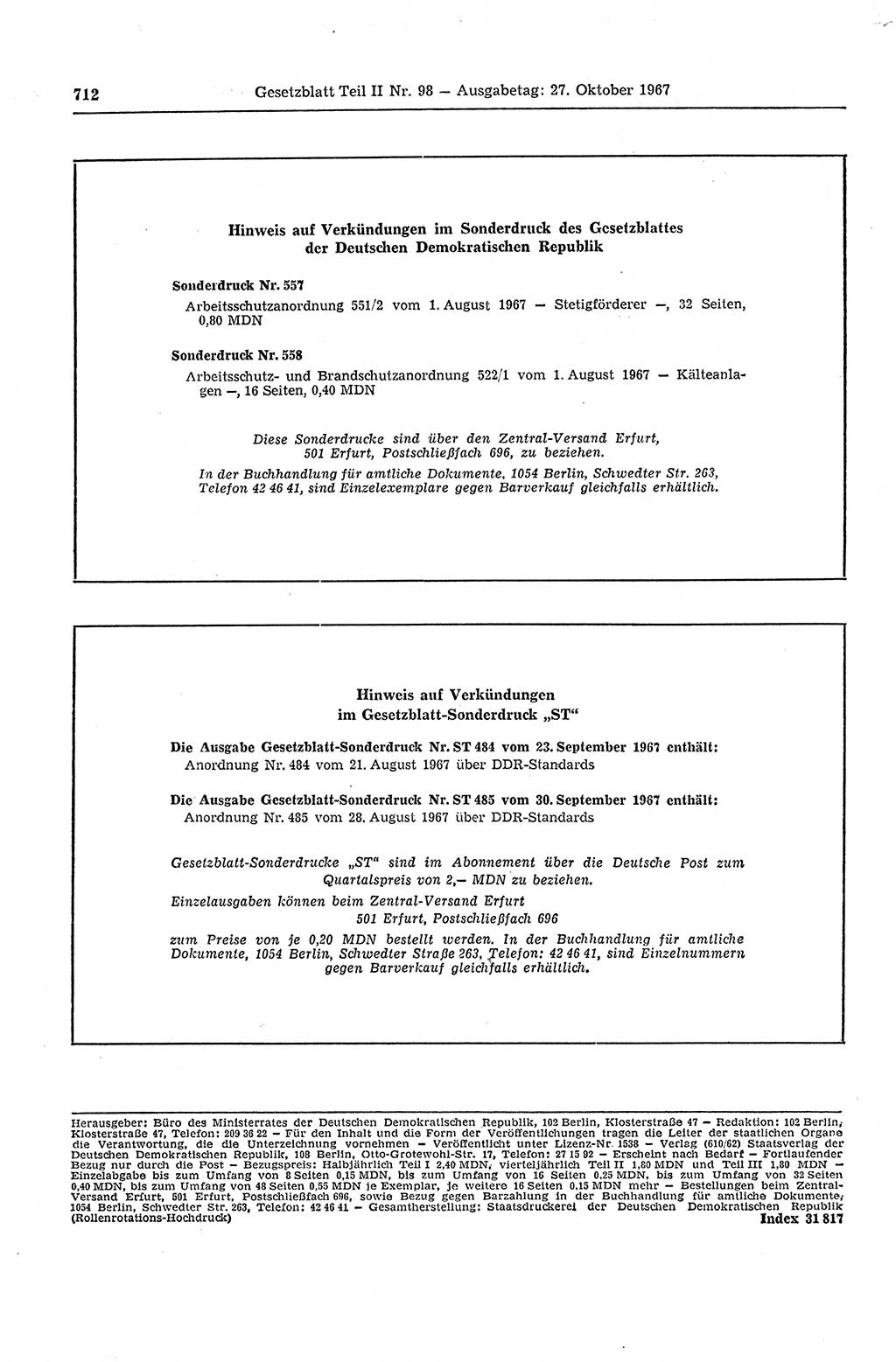 Gesetzblatt (GBl.) der Deutschen Demokratischen Republik (DDR) Teil ⅠⅠ 1967, Seite 712 (GBl. DDR ⅠⅠ 1967, S. 712)
