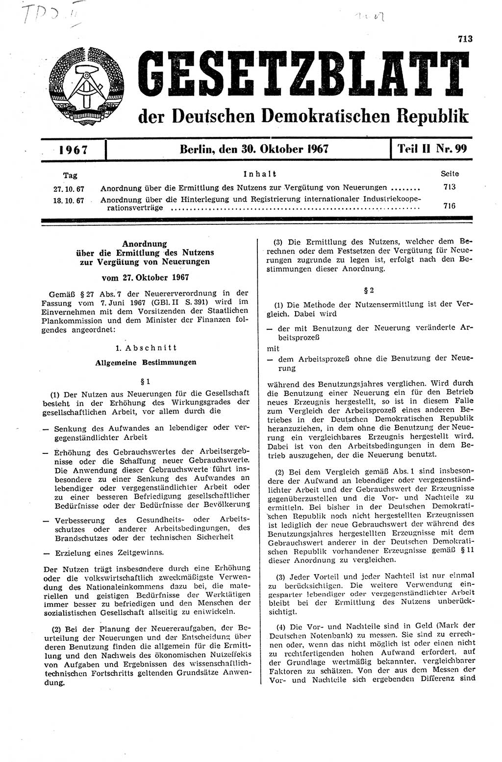 Gesetzblatt (GBl.) der Deutschen Demokratischen Republik (DDR) Teil ⅠⅠ 1967, Seite 713 (GBl. DDR ⅠⅠ 1967, S. 713)