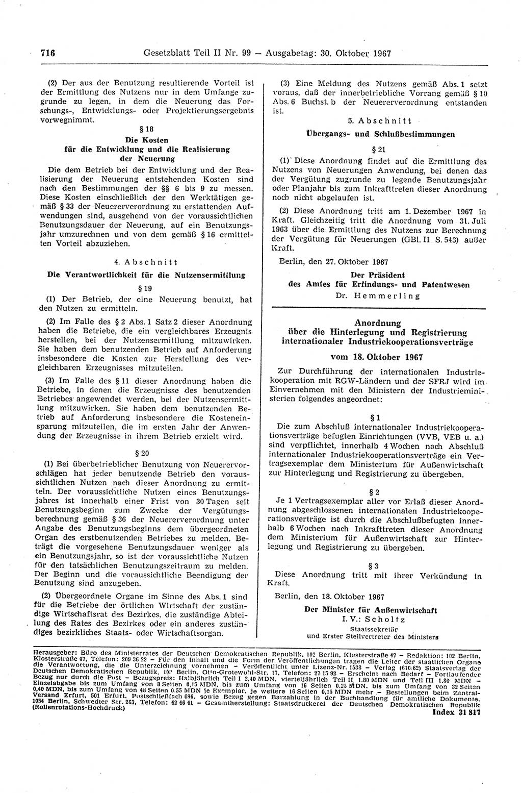 Gesetzblatt (GBl.) der Deutschen Demokratischen Republik (DDR) Teil ⅠⅠ 1967, Seite 716 (GBl. DDR ⅠⅠ 1967, S. 716)