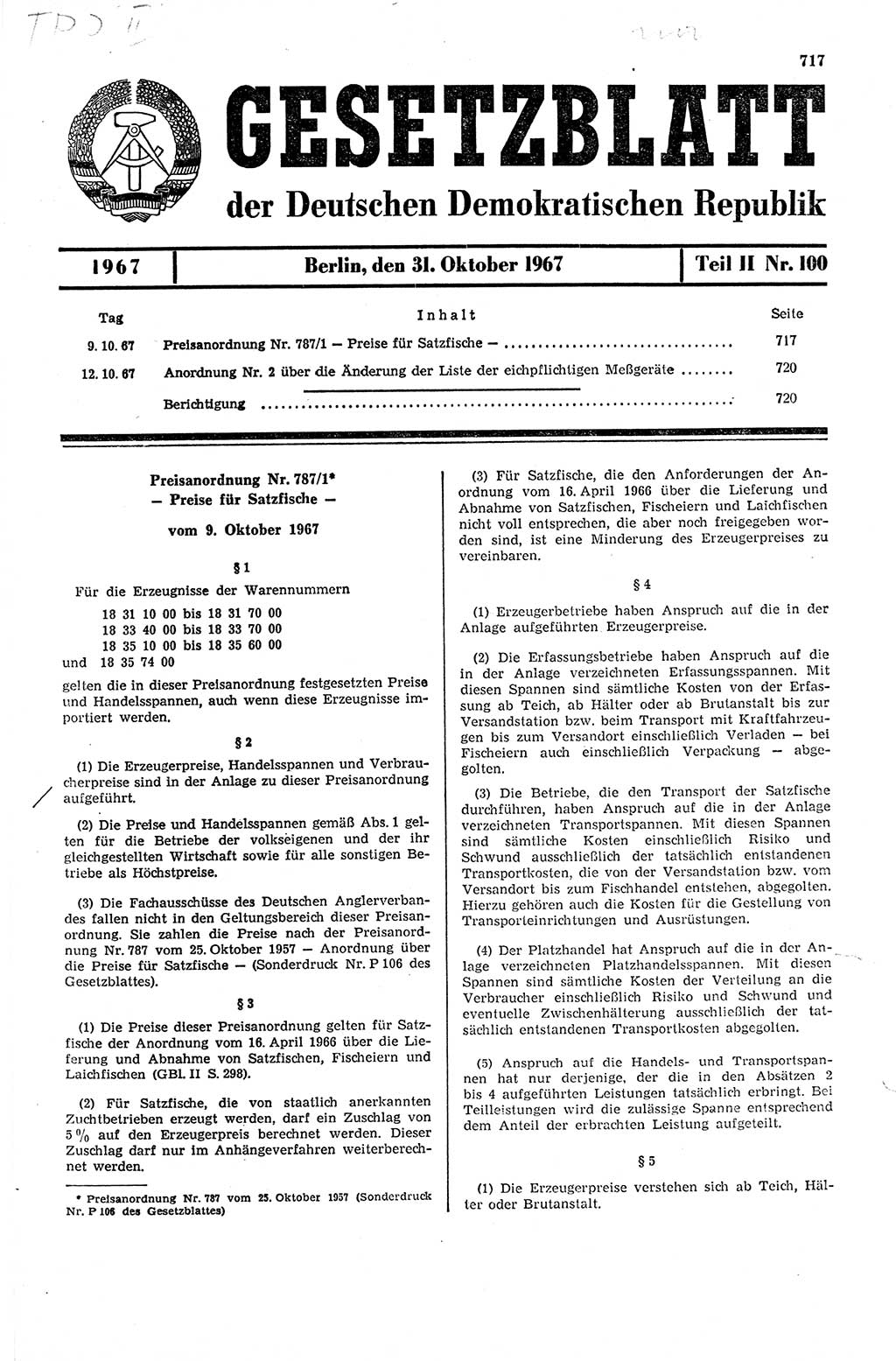 Gesetzblatt (GBl.) der Deutschen Demokratischen Republik (DDR) Teil ⅠⅠ 1967, Seite 717 (GBl. DDR ⅠⅠ 1967, S. 717)