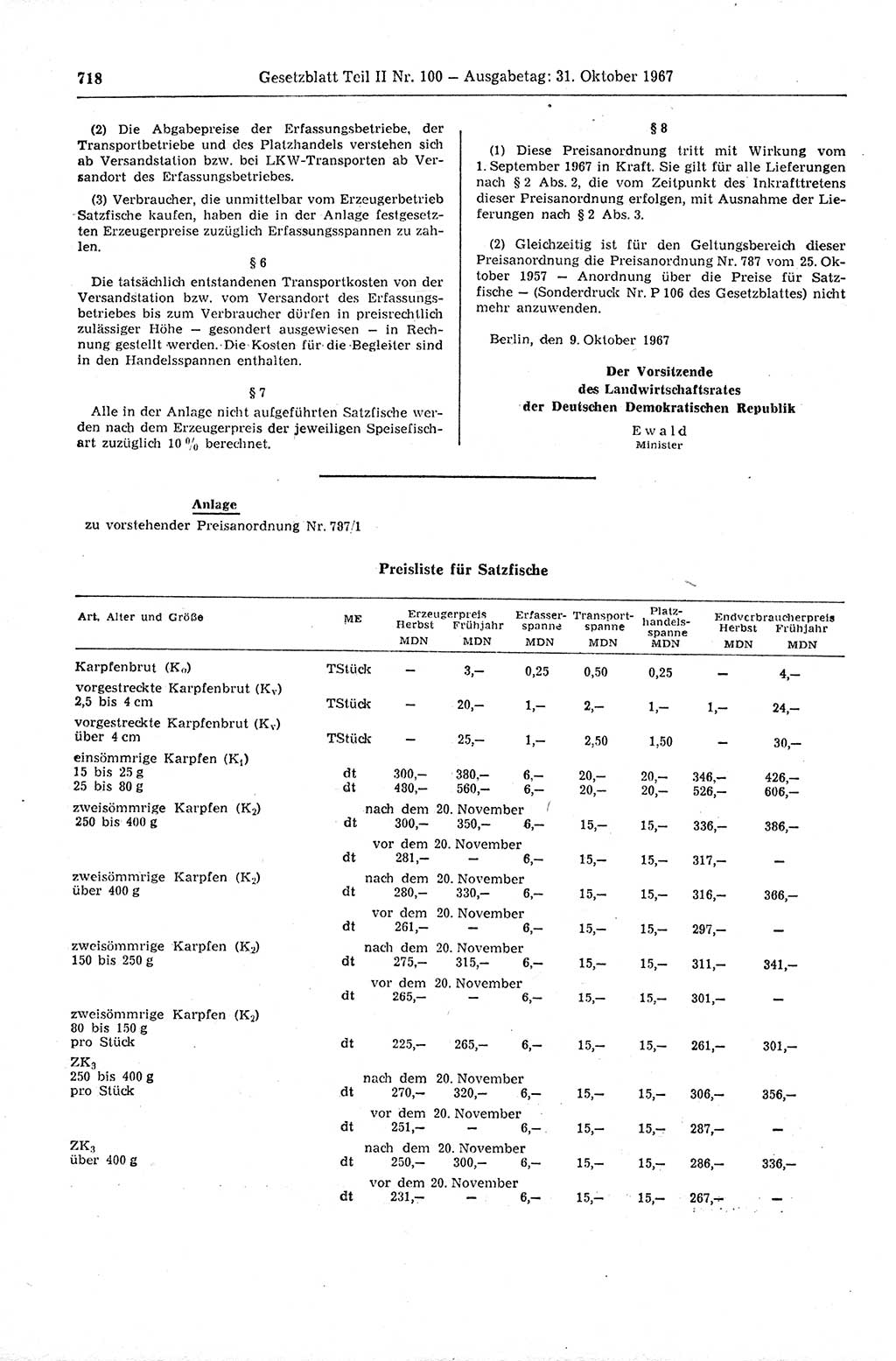 Gesetzblatt (GBl.) der Deutschen Demokratischen Republik (DDR) Teil ⅠⅠ 1967, Seite 718 (GBl. DDR ⅠⅠ 1967, S. 718)