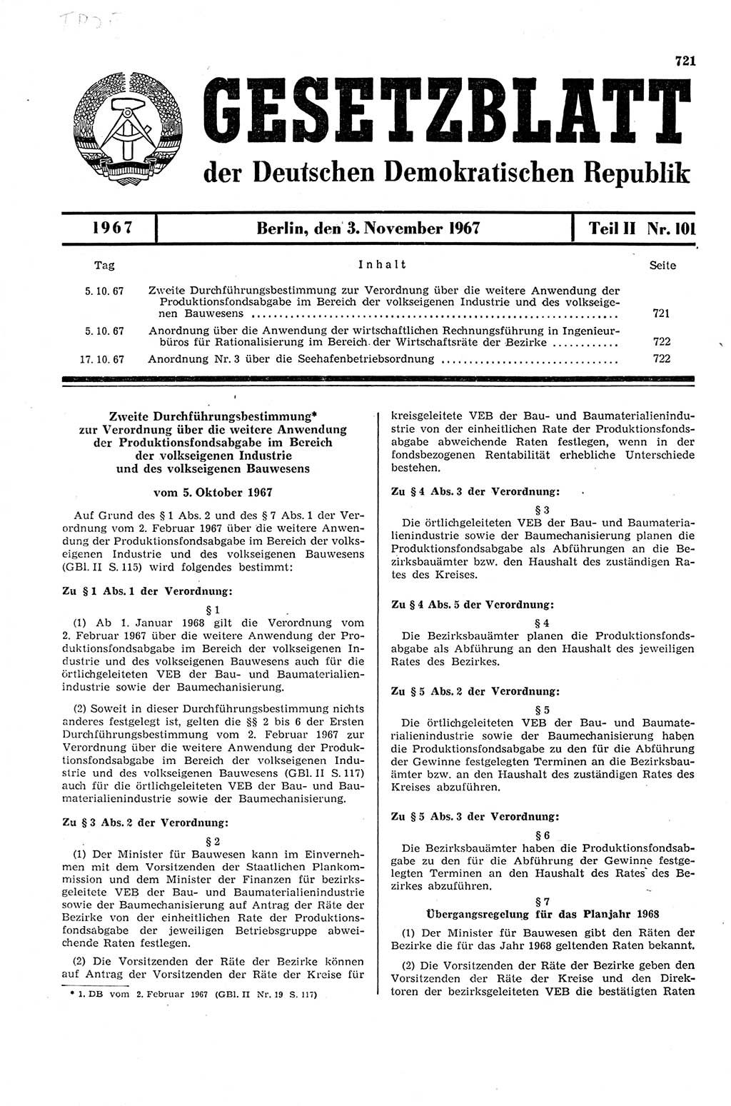 Gesetzblatt (GBl.) der Deutschen Demokratischen Republik (DDR) Teil ⅠⅠ 1967, Seite 721 (GBl. DDR ⅠⅠ 1967, S. 721)