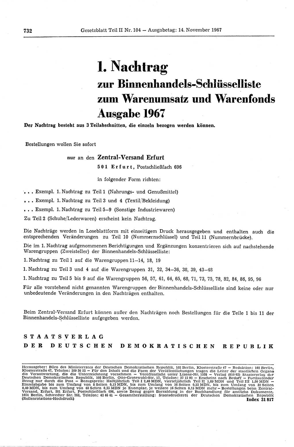 Gesetzblatt (GBl.) der Deutschen Demokratischen Republik (DDR) Teil ⅠⅠ 1967, Seite 732 (GBl. DDR ⅠⅠ 1967, S. 732)